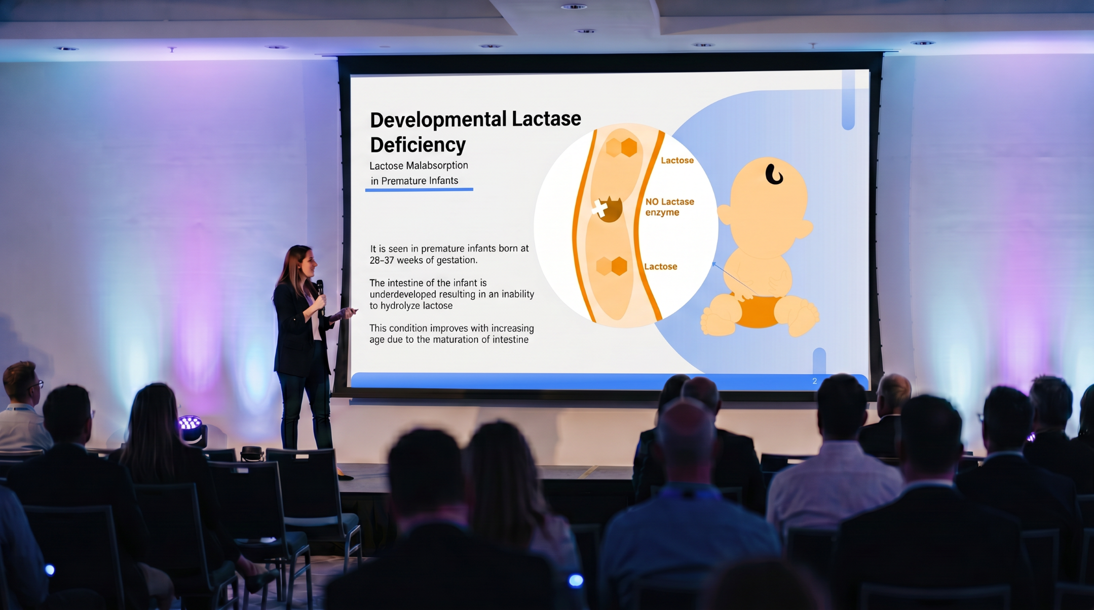 Medical presenter explaining developmental lactase deficiency in premature infants using an editable Lactose Intolerance PowerPoint presentation template.