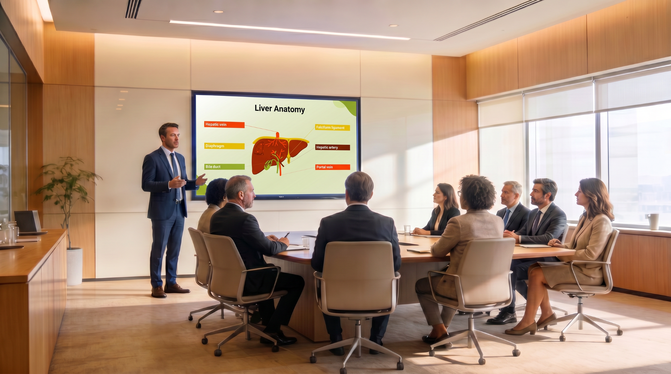 Healthcare presenter explaining liver anatomy using an editable Liver Cancer PowerPoint presentation template during a professional medical meeting.