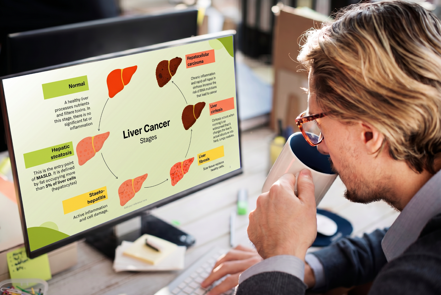 Healthcare professional reviewing liver cancer progression using an editable Liver Cancer PowerPoint presentation template on a desktop monitor.