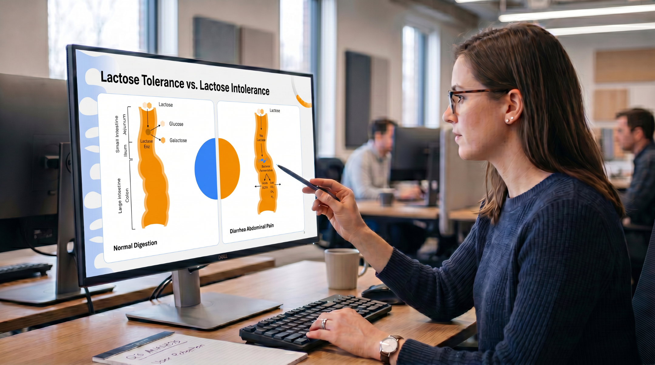 Healthcare professional reviewing lactose tolerance versus lactose intolerance using an editable Lactose Intolerance PowerPoint presentation template.