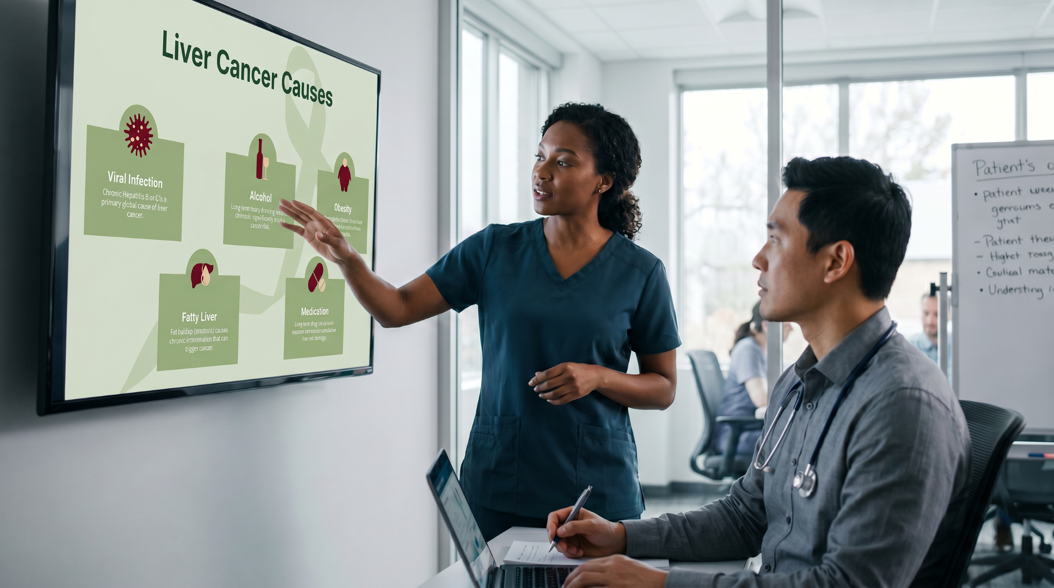 Healthcare professionals reviewing liver cancer causes using an editable Liver Cancer Overview Presentation Template in a clinical education setting.