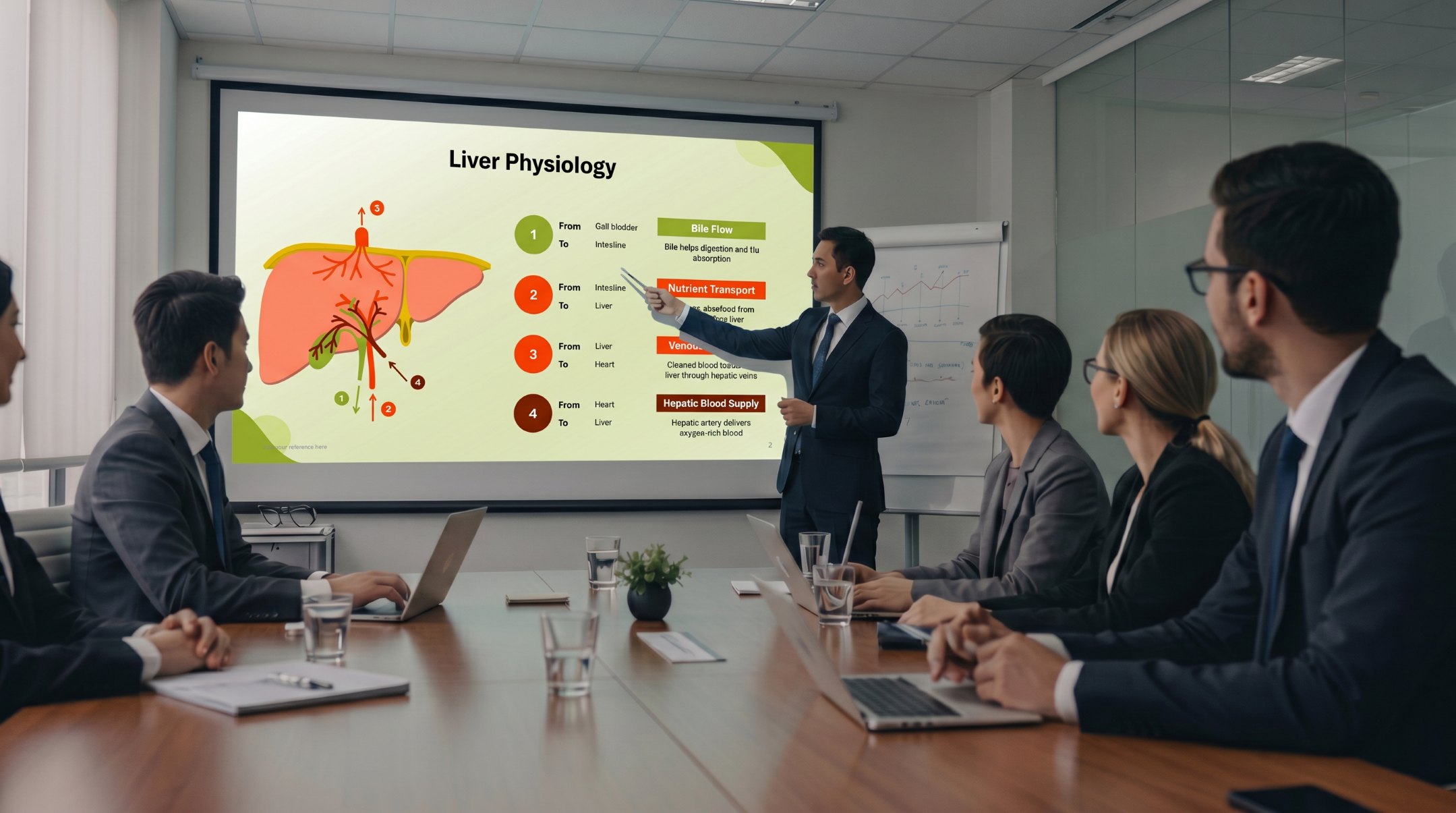 Medical educator presenting liver physiology using an editable Liver Cancer PowerPoint presentation template in a healthcare training session.