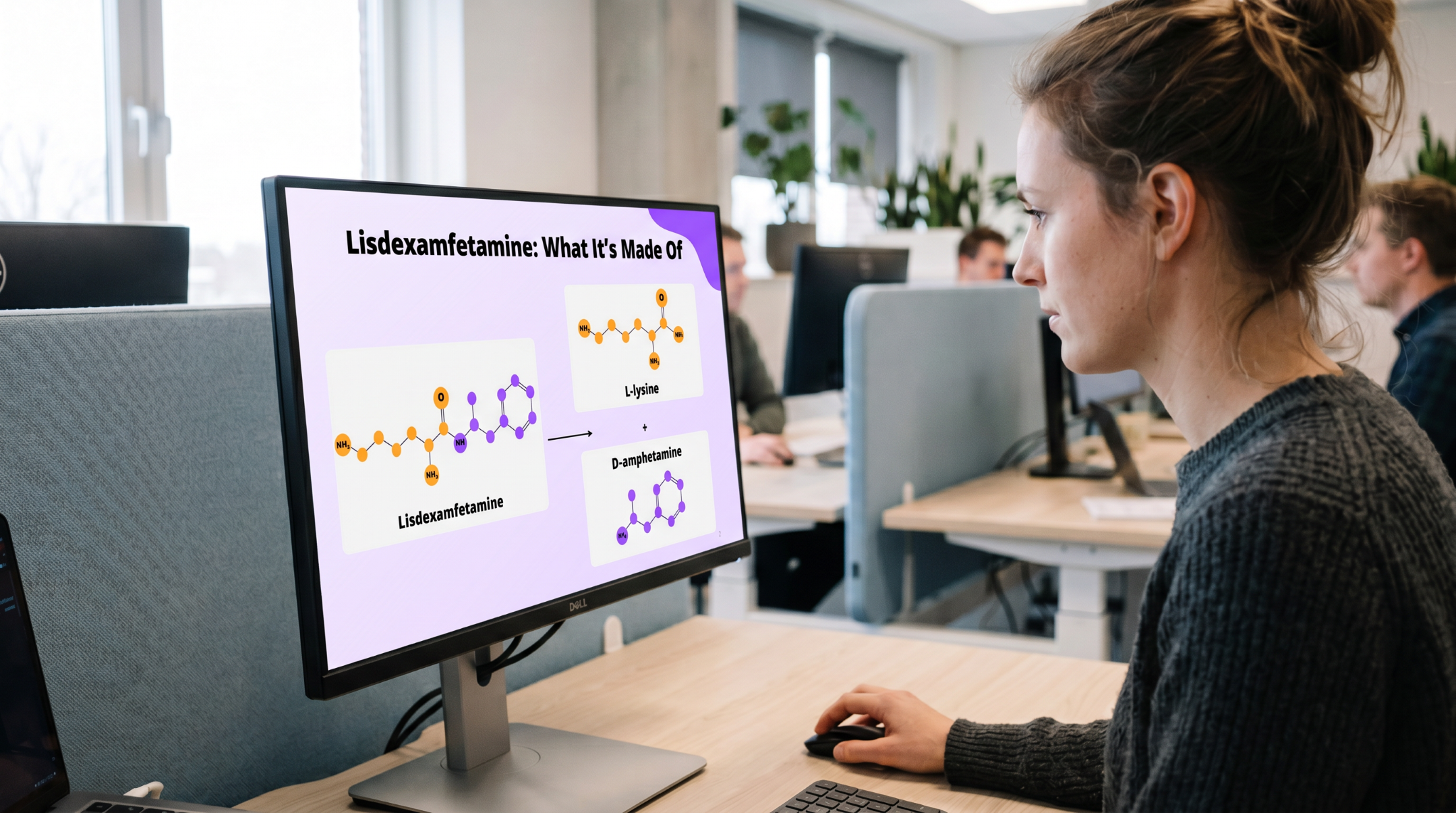Healthcare professional reviewing the chemical structure of lisdexamfetamine using an editable Lisdexamfetamine PowerPoint presentation template.
