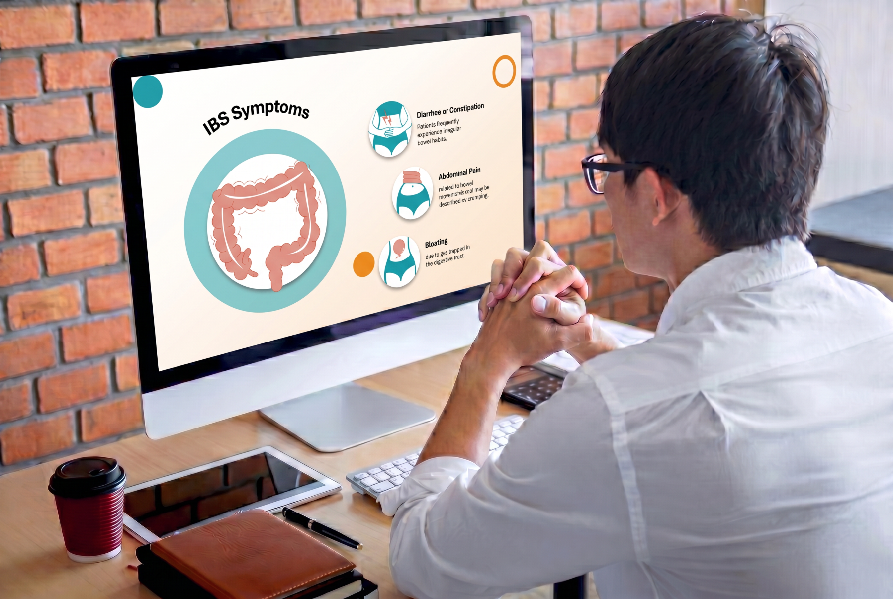 Healthcare professional reviewing irritable bowel syndrome symptoms using an editable IBS PowerPoint presentation template.