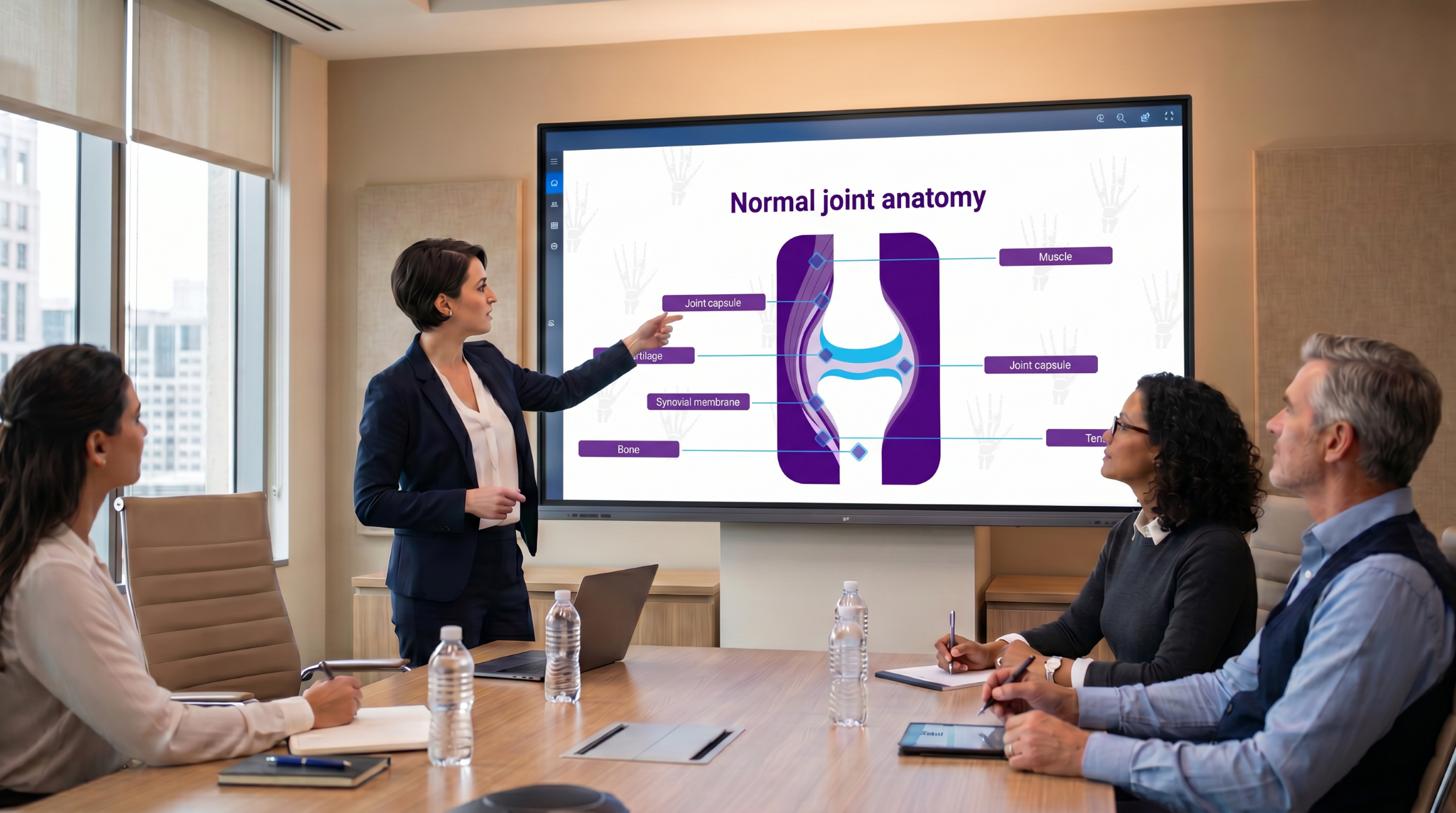 Healthcare professional presenting normal joint anatomy using an editable Osteoarthritis PowerPoint Template during a clinical meeting.