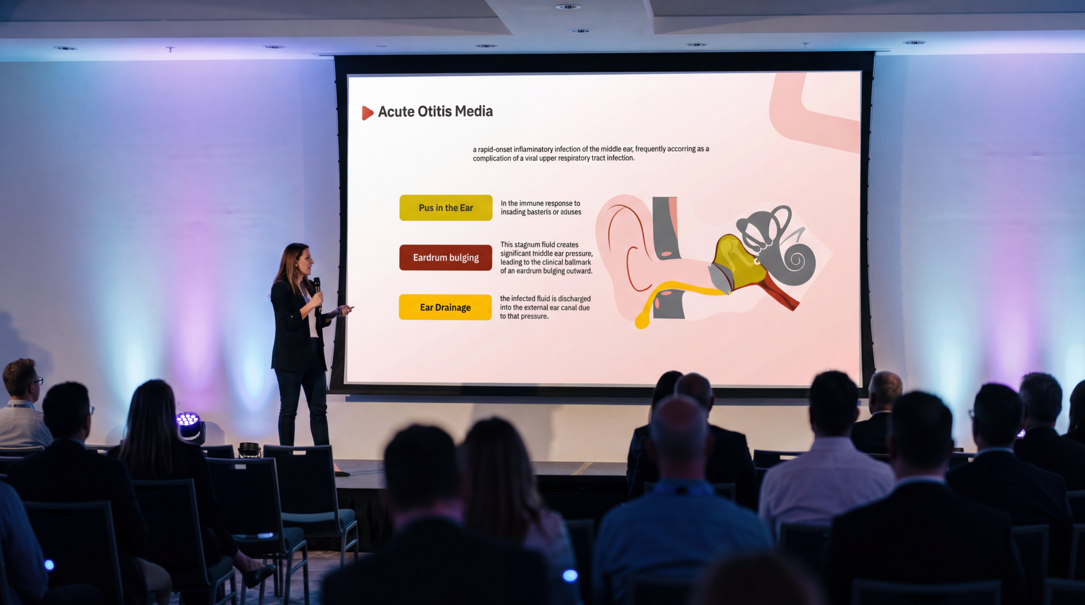 Medical presenter explaining acute otitis media using an editable Otitis Media PowerPoint Template with ear anatomy and middle ear infection illustrations during a healthcare conference.