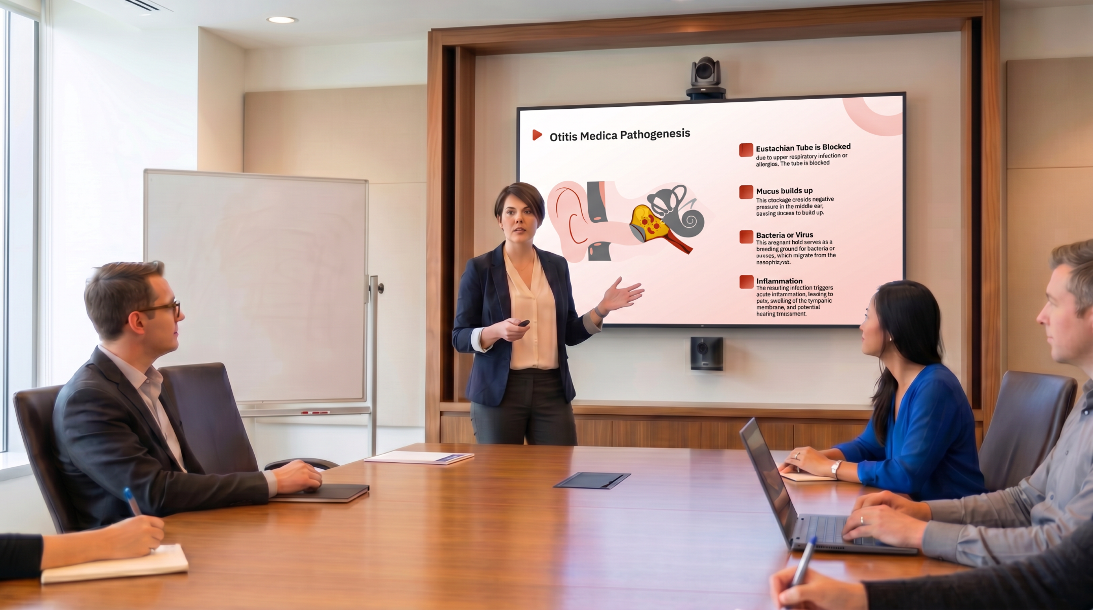 Healthcare professional presenting otitis media pathogenesis using an editable Otitis Media PowerPoint Template during a clinical meeting.
