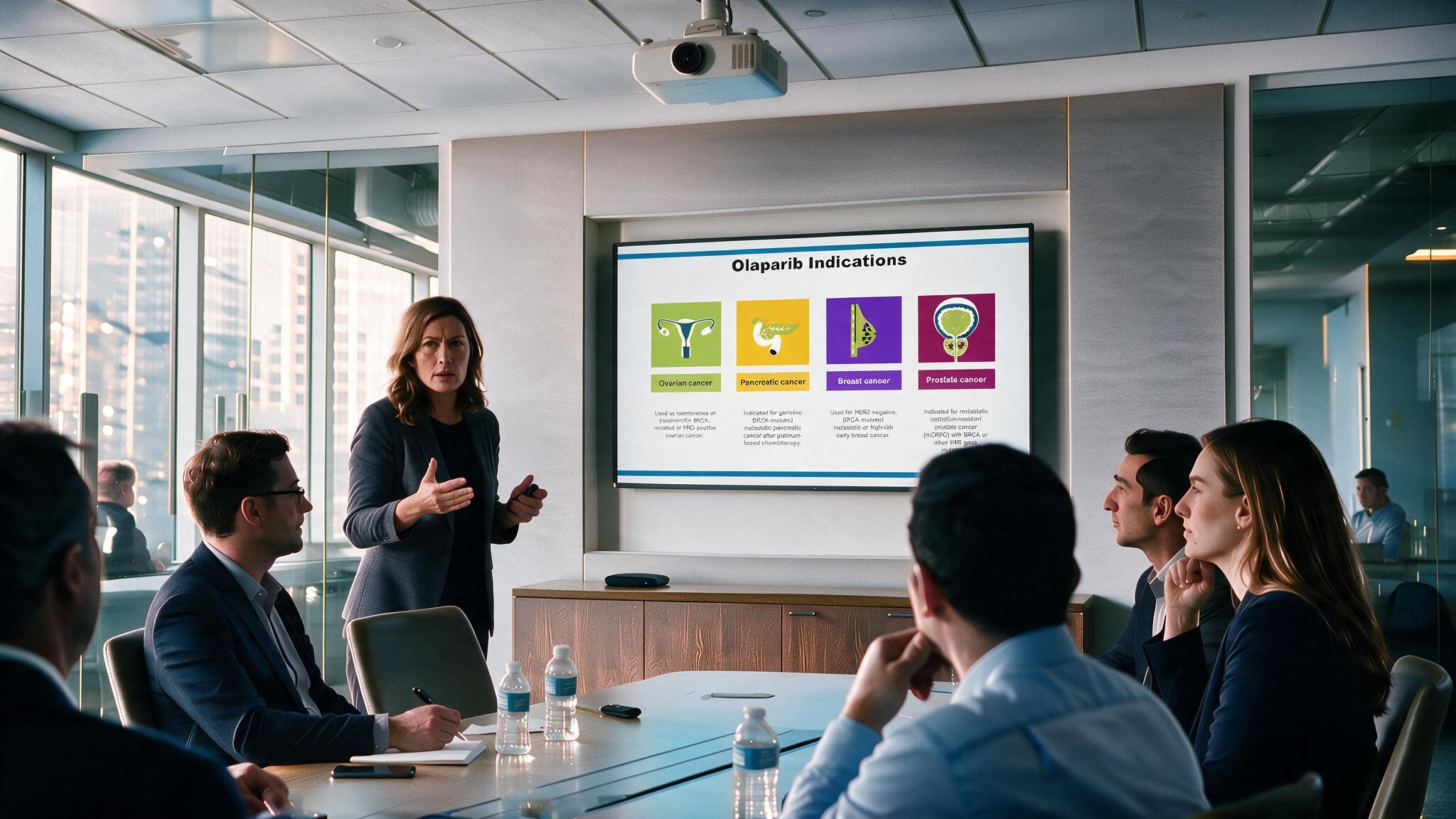 Olaparib PowerPoint presentation displayed during a medical meeting outlining approved indications including ovarian, pancreatic, breast, and prostate cancers.