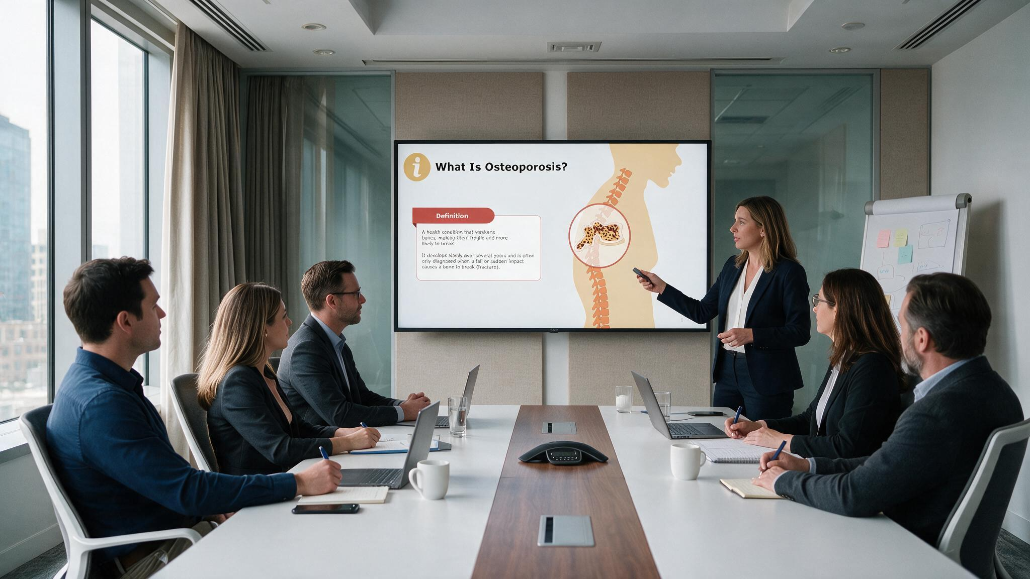Medical presenter explaining bone architecture using an editable Osteoporosis PowerPoint Template during a healthcare conference presentation.