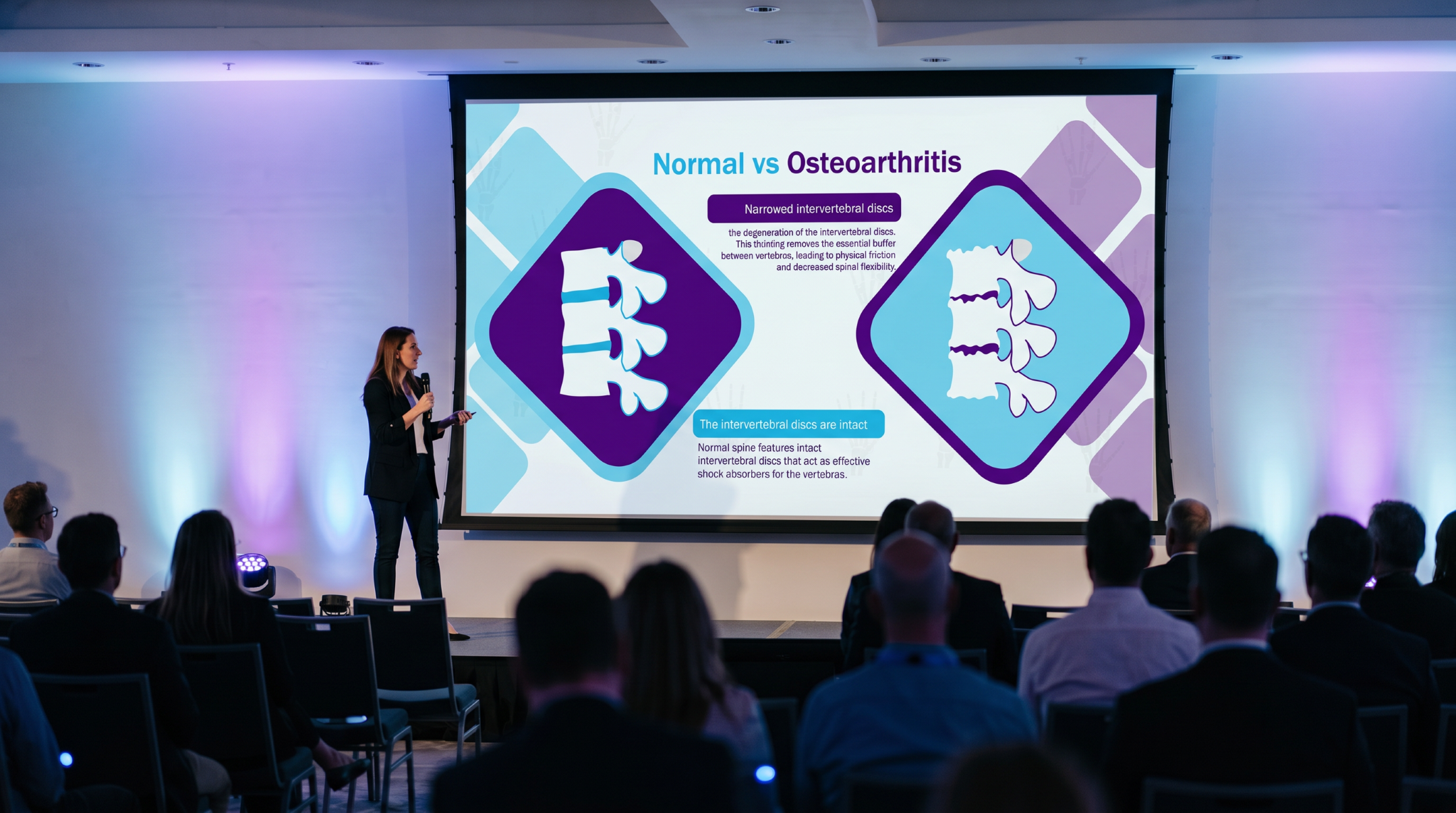 Medical presenter explaining the differences between normal joints and osteoarthritis using an editable Osteoarthritis PowerPoint Template during a healthcare conference.