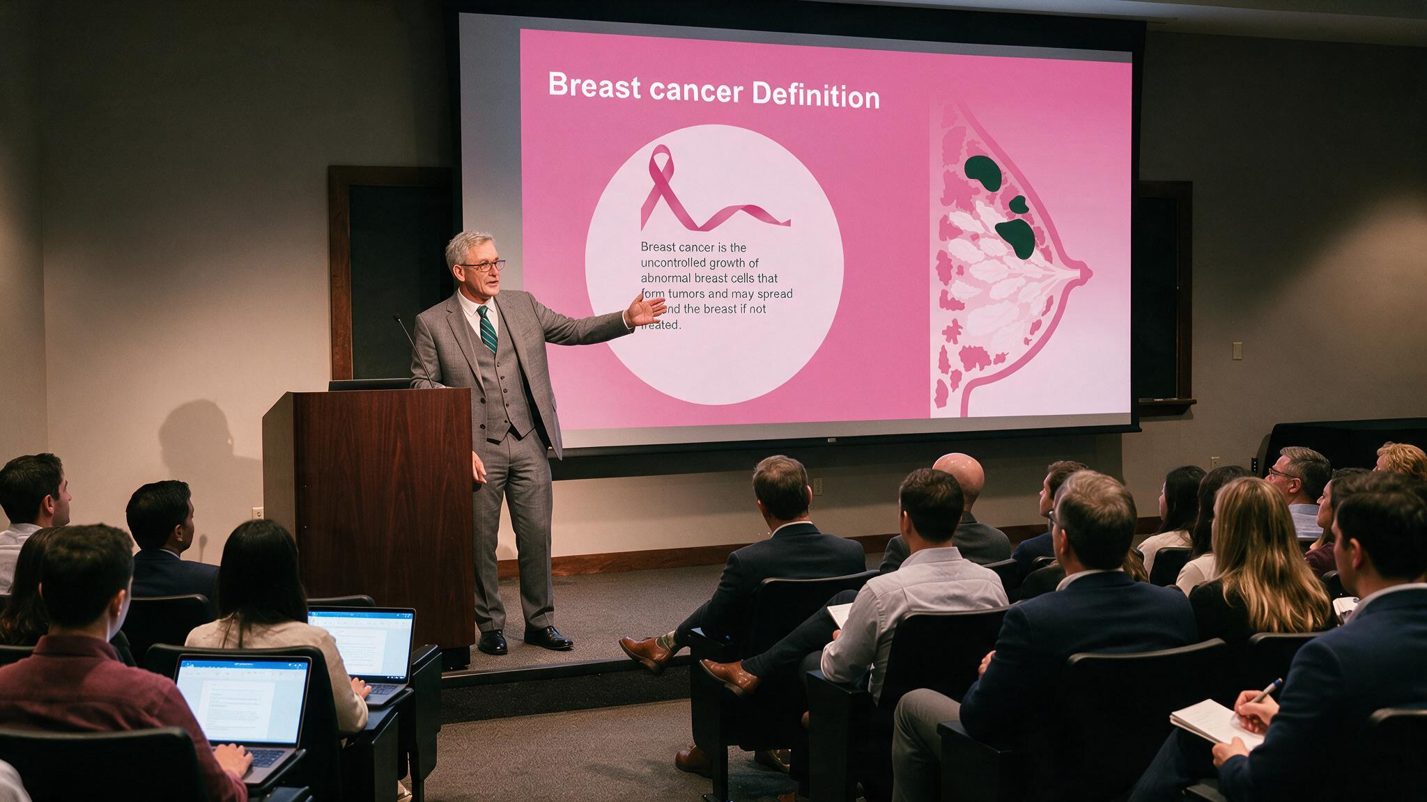 Breast cancer definition medical presentation slide displayed on a large conference screen during an oncology educational conference.