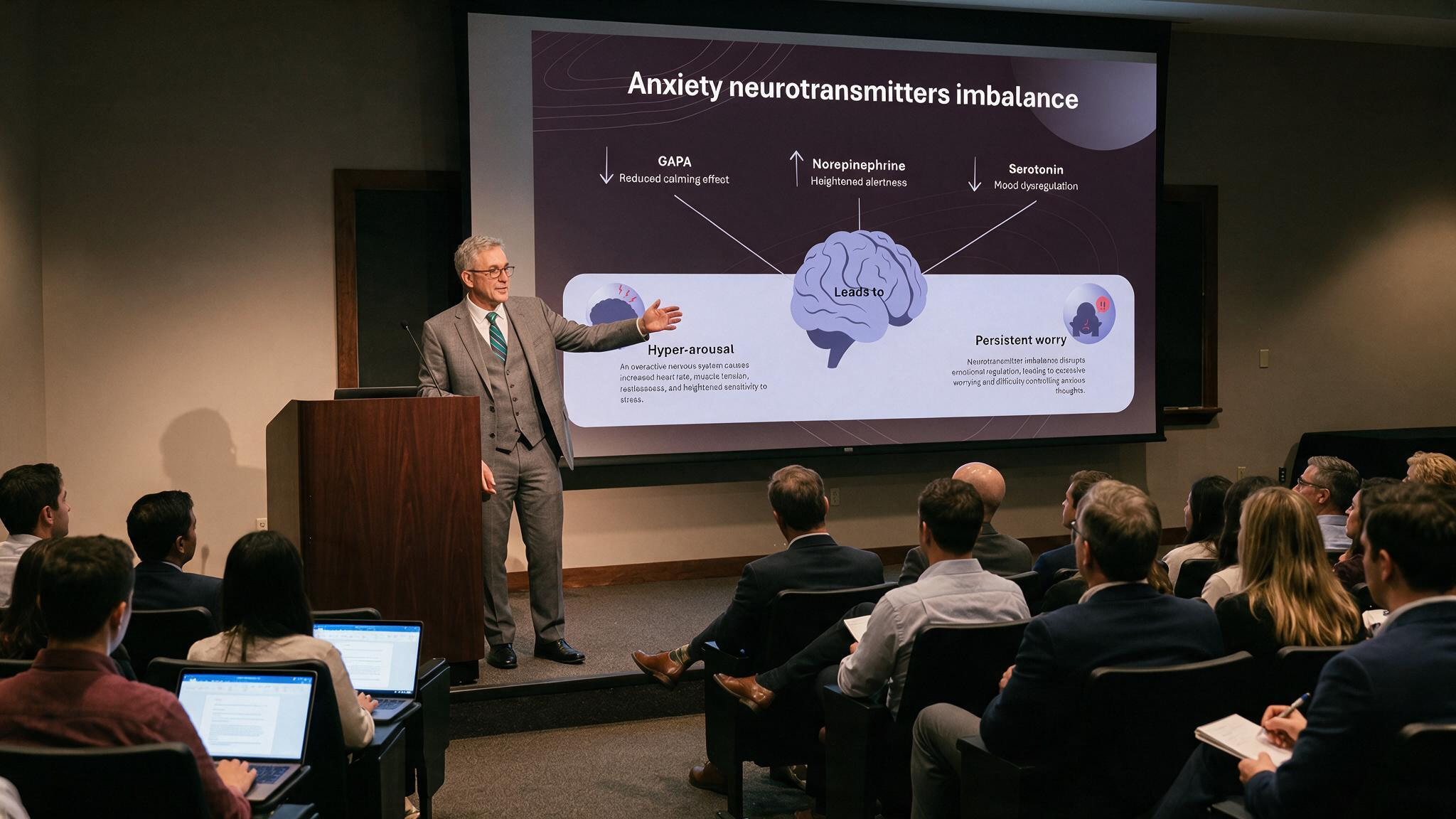 Anxiety neurotransmitters imbalance medical presentation slide displayed on a large conference screen during a mental health conference.