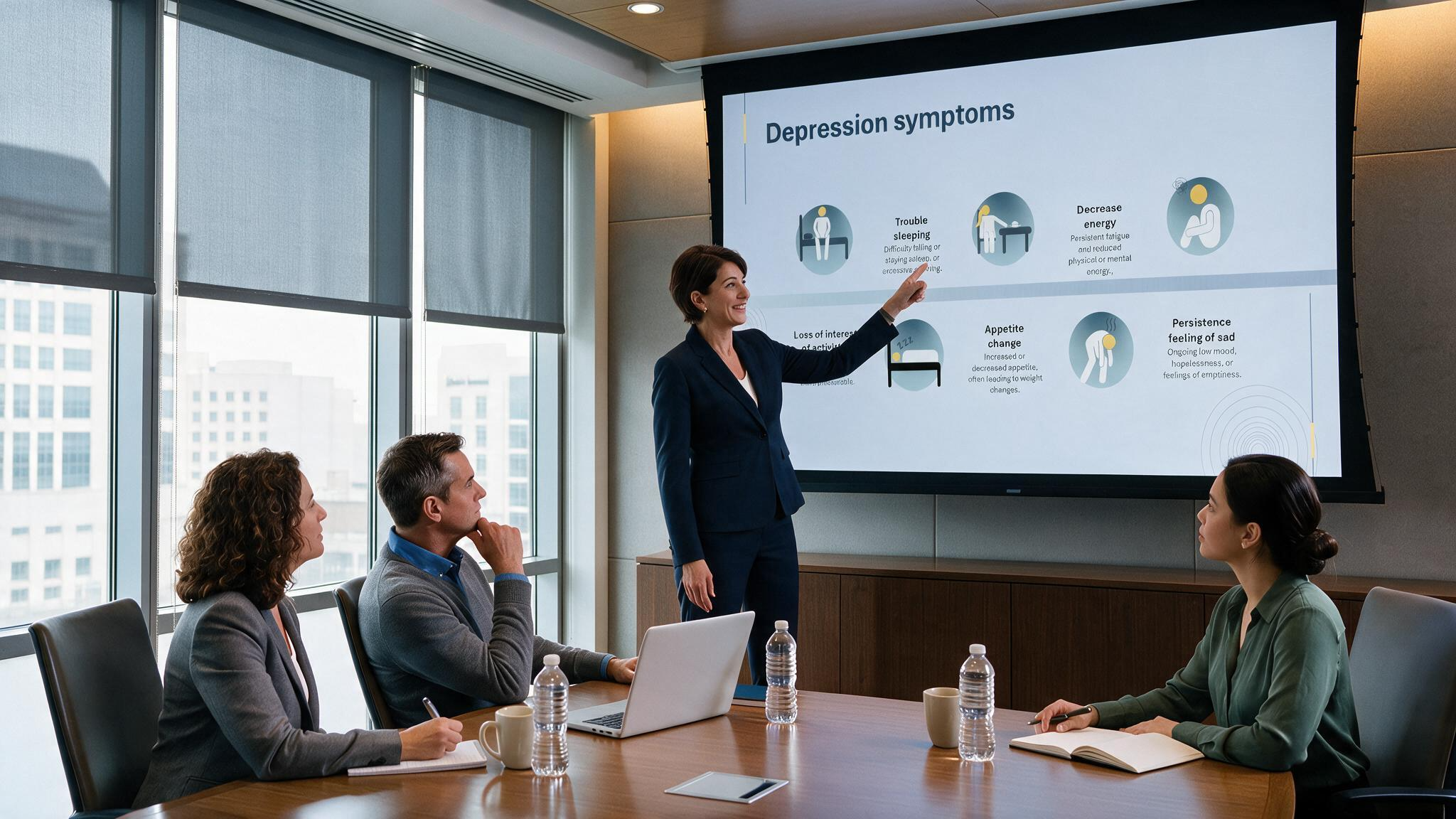Depression symptoms presentation displayed during a healthcare team meeting explaining common clinical signs with clear medical infographics.