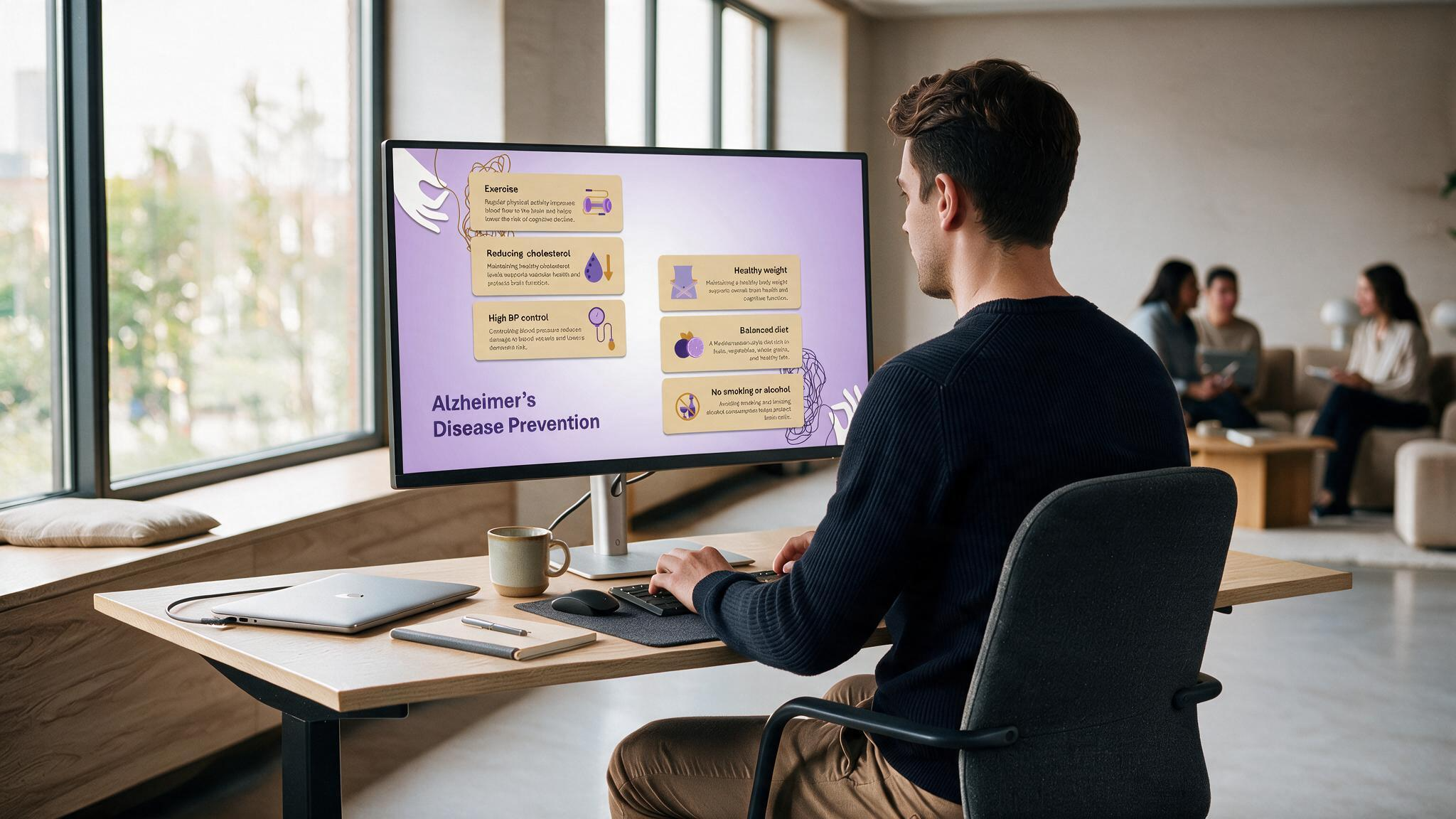 Alzheimer's disease prevention medical presentation slide displayed on a desktop monitor in a modern workspace.