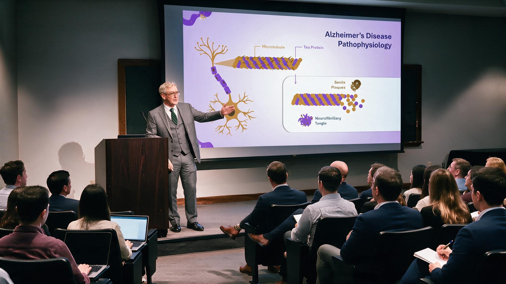 Alzheimer's disease pathophysiology medical presentation slide displayed on a large conference screen during a neurology lecture.