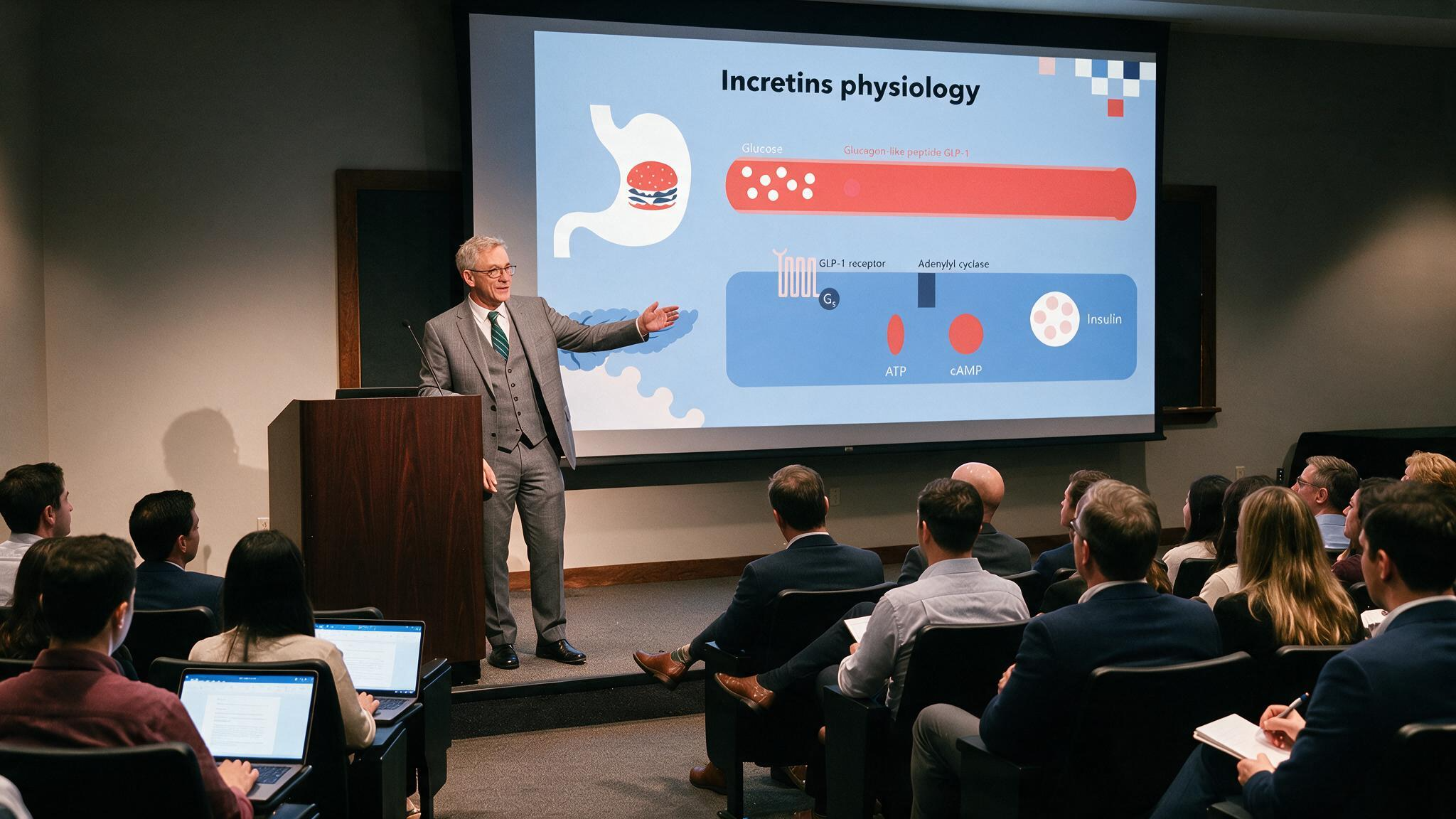 Diabetes incretins physiology presentation displayed on a large conference screen explaining GLP-1 mediated insulin secretion during a medical education lecture.