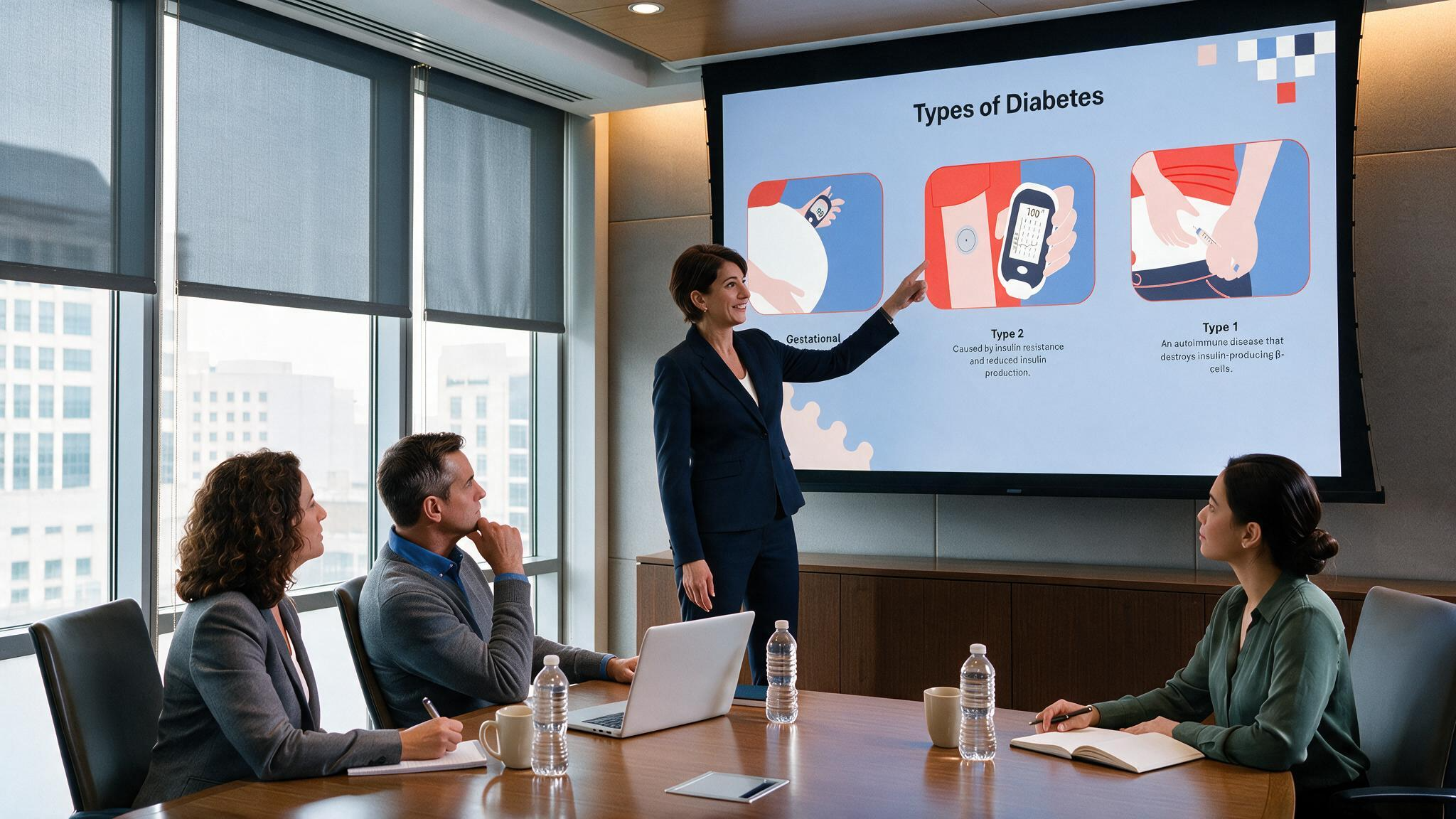 Diabetes types presentation displayed during a healthcare team meeting comparing gestational diabetes, type 2 diabetes, and type 1 diabetes.