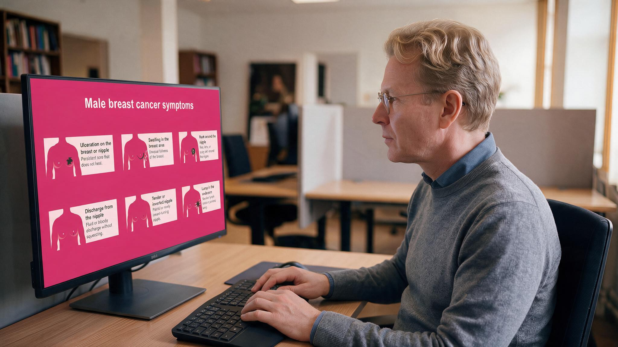 Male breast cancer symptoms medical presentation slide displayed on a desktop monitor in a modern office workspace.