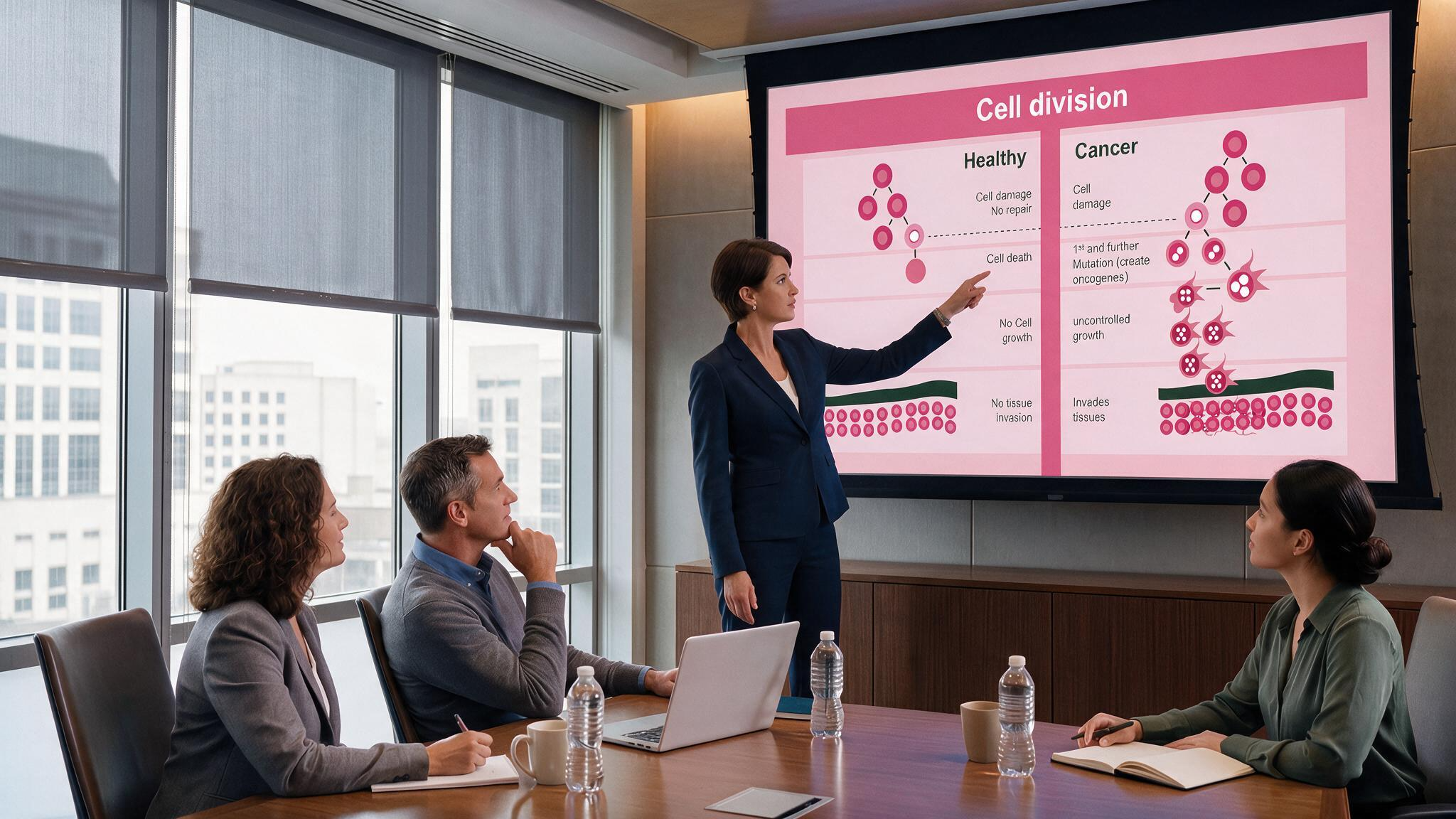 Breast cancer cell division comparison presentation displayed during a healthcare team meeting explaining healthy and cancerous cell growth.