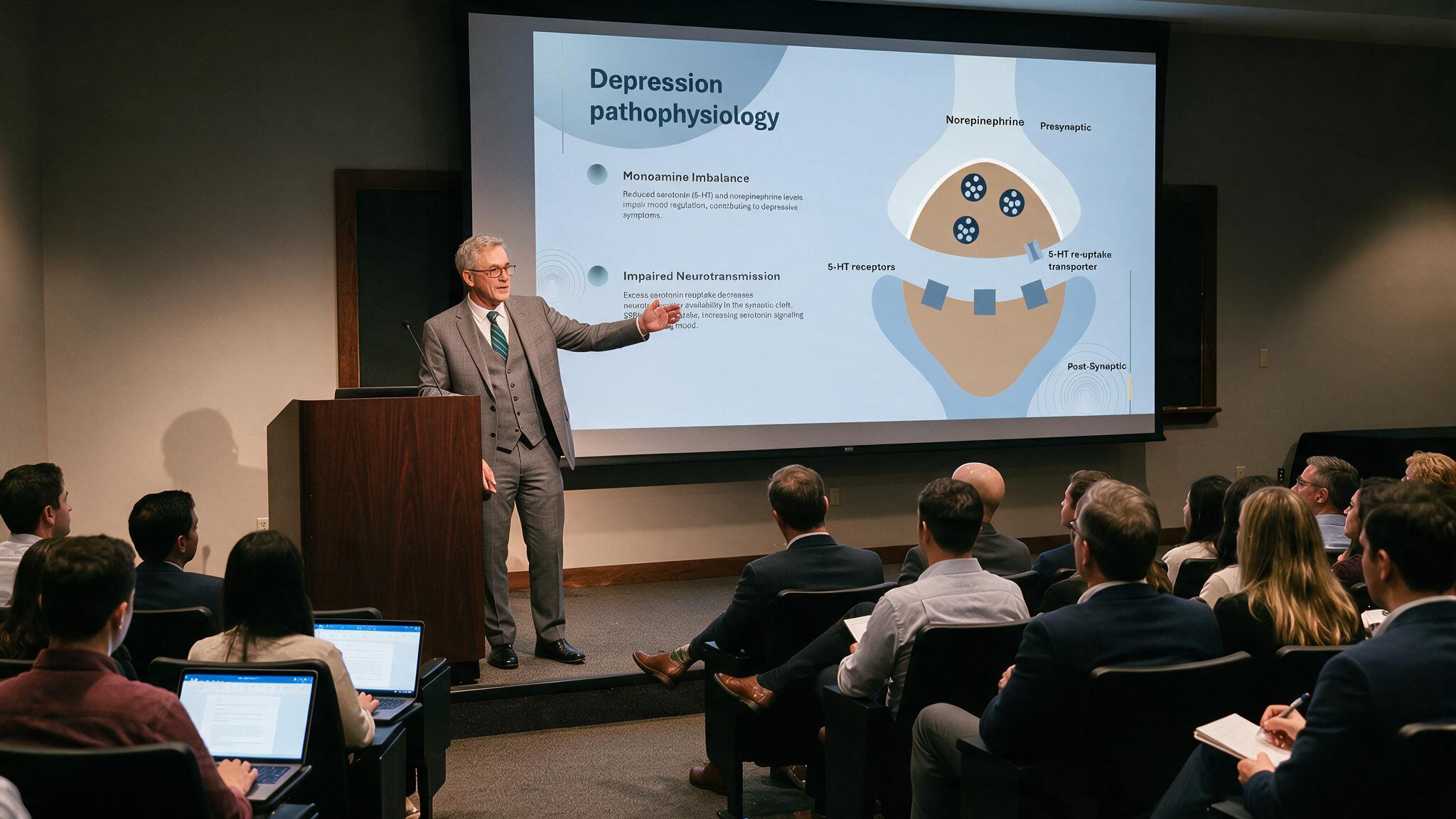 Depression pathophysiology presentation displayed on a large conference screen explaining neurotransmitter imbalance during a mental health educational lecture.