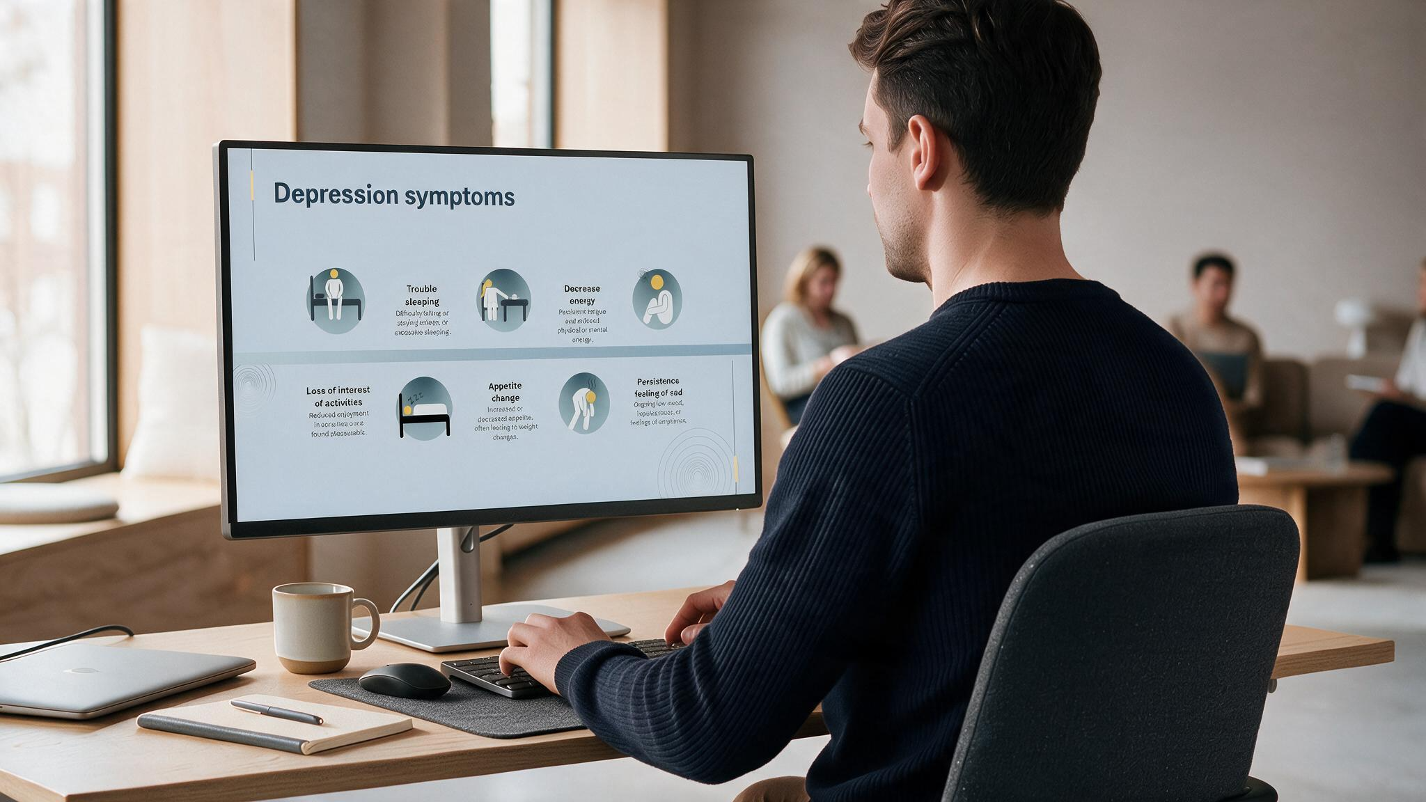 Depression symptoms presentation displayed on a desktop monitor in a modern workspace for self-paced mental health learning.