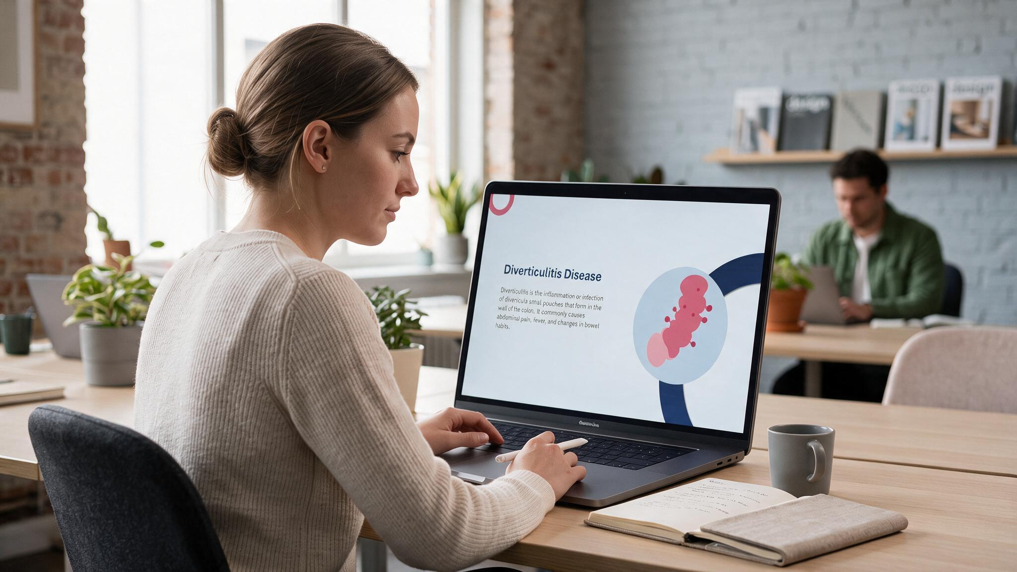 Diverticulitis overview presentation displayed on a laptop in a modern workspace supporting self-paced gastrointestinal disease education.