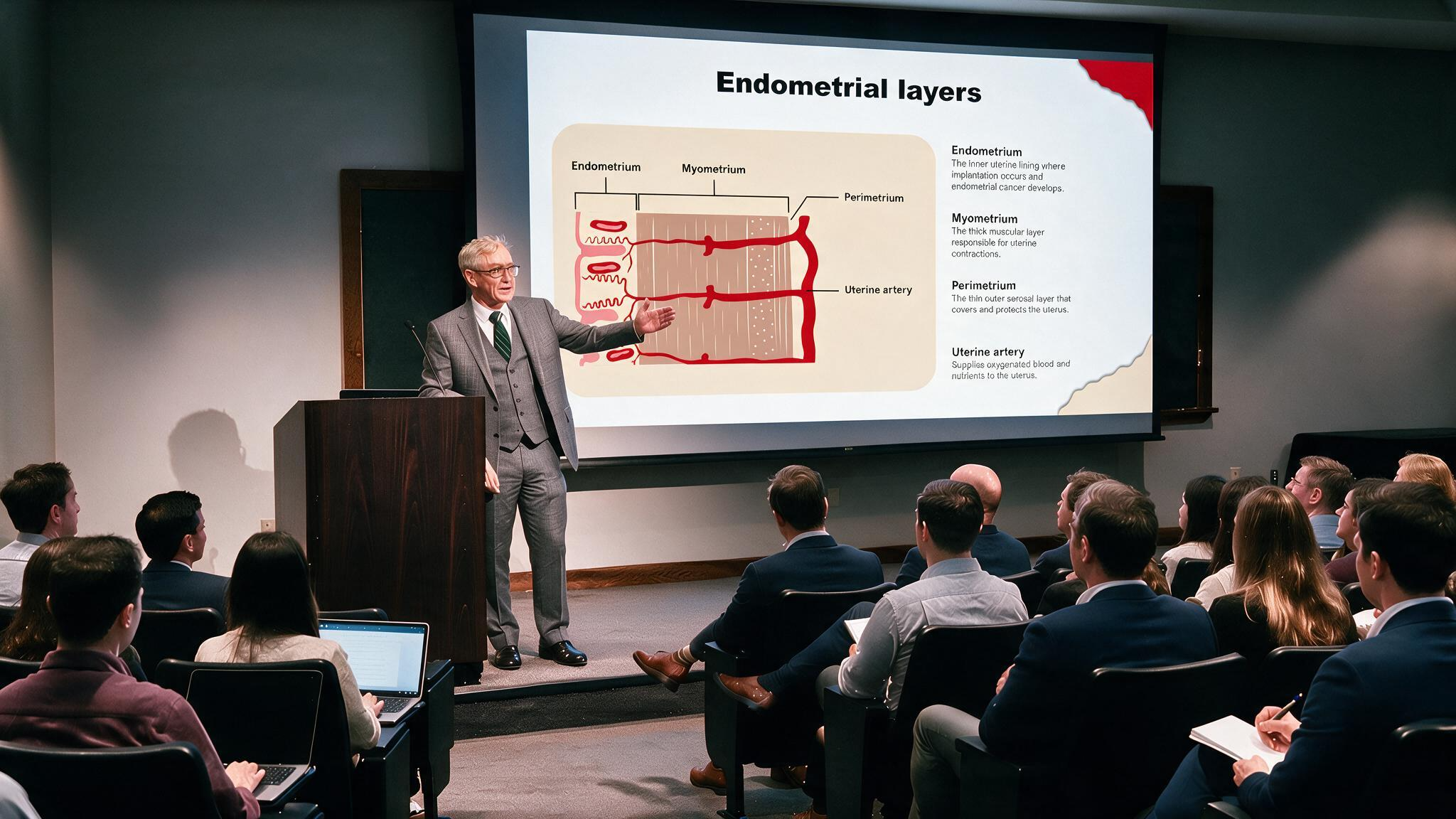 Endometrial cancer anatomy presentation displayed on a large conference screen illustrating the endometrial layers, myometrium, perimetrium, and uterine artery during a medical lecture.