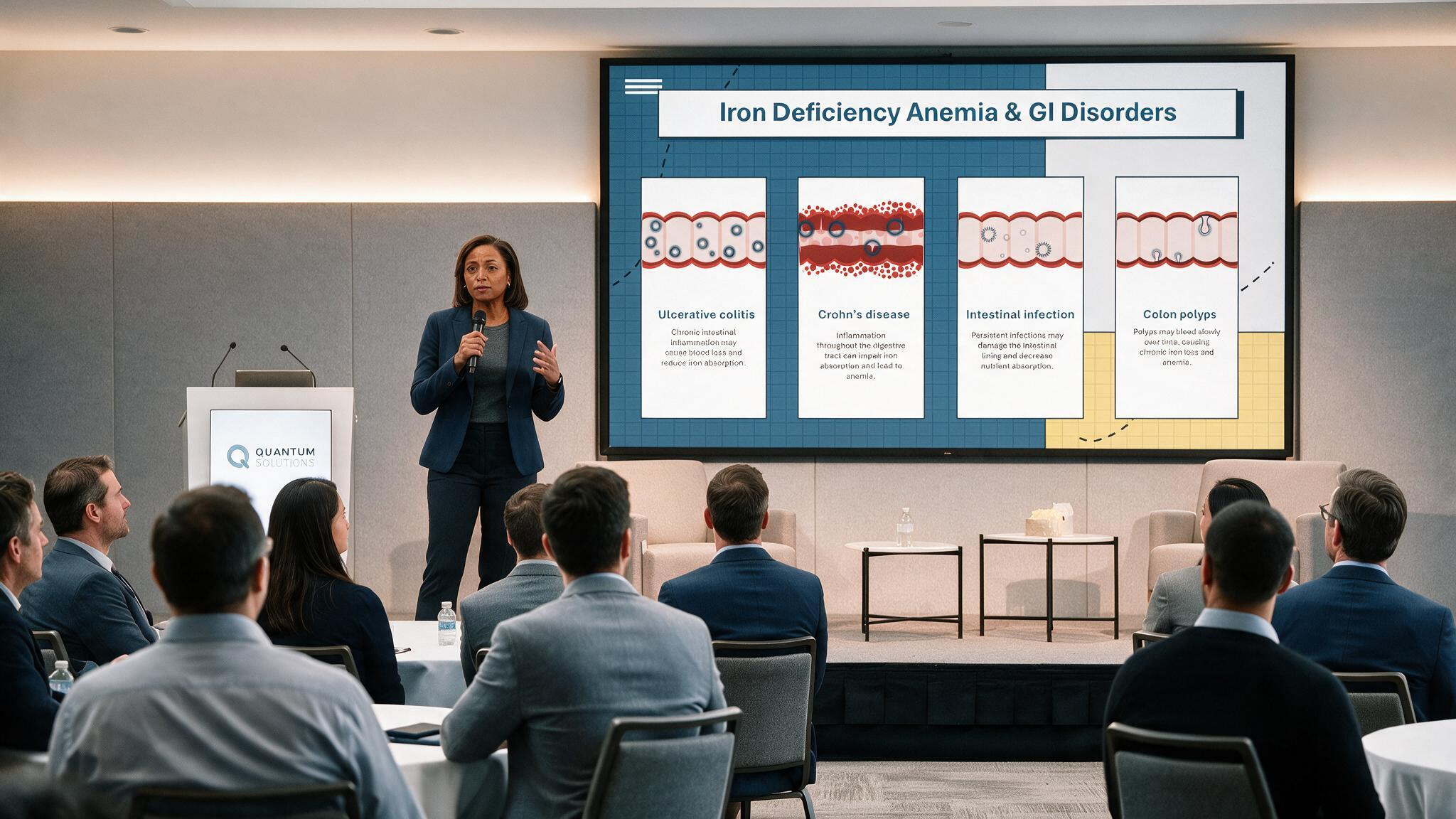 Iron deficiency anemia overview presentation displayed on a large conference screen explaining gastrointestinal disorders including ulcerative colitis, Crohn's disease, intestinal infection, and colon polyps as causes of iron deficiency anemia.