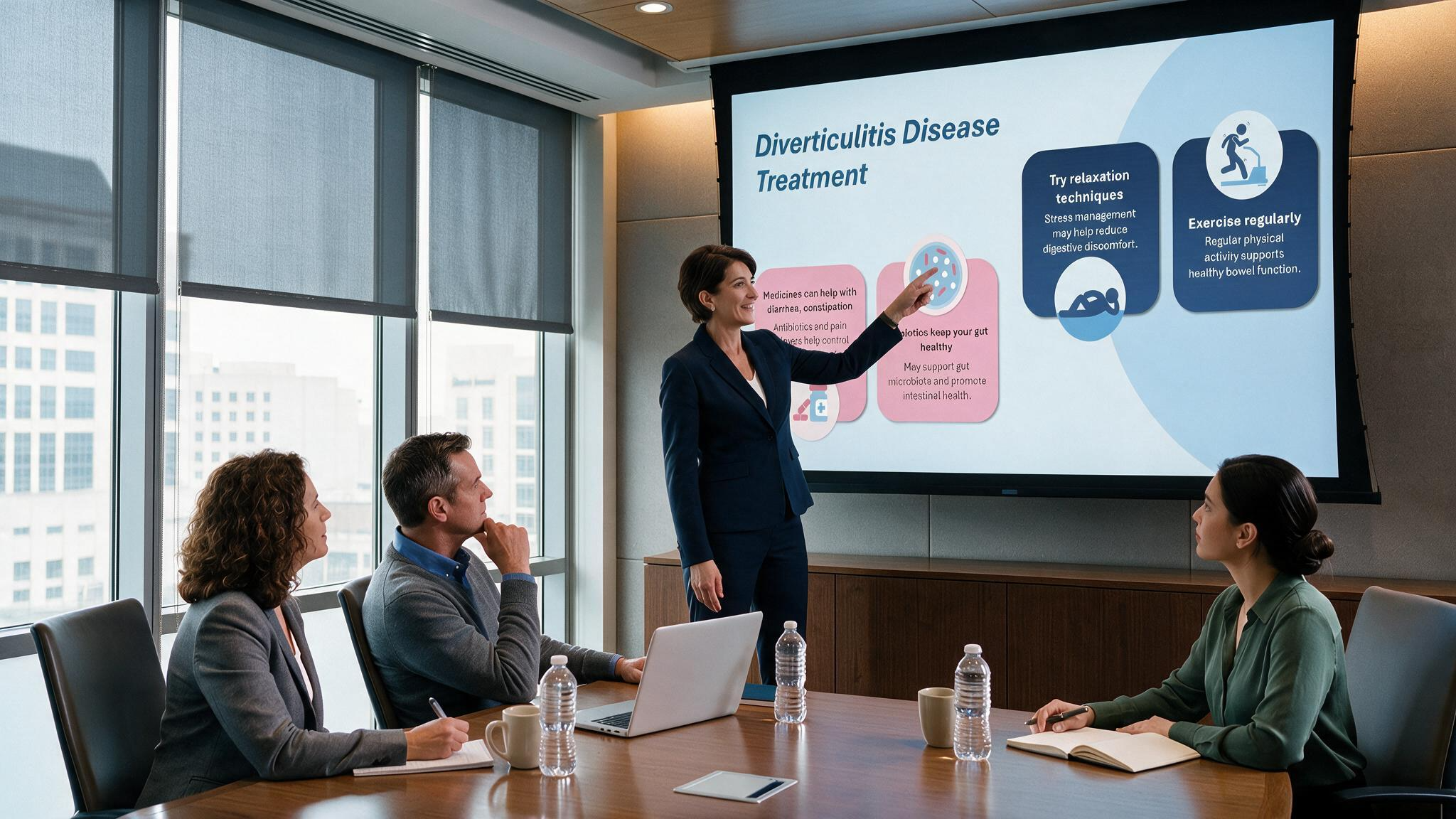 Diverticulitis treatment presentation displayed during a healthcare team meeting explaining medications, probiotics, stress management, and lifestyle recommendations.
