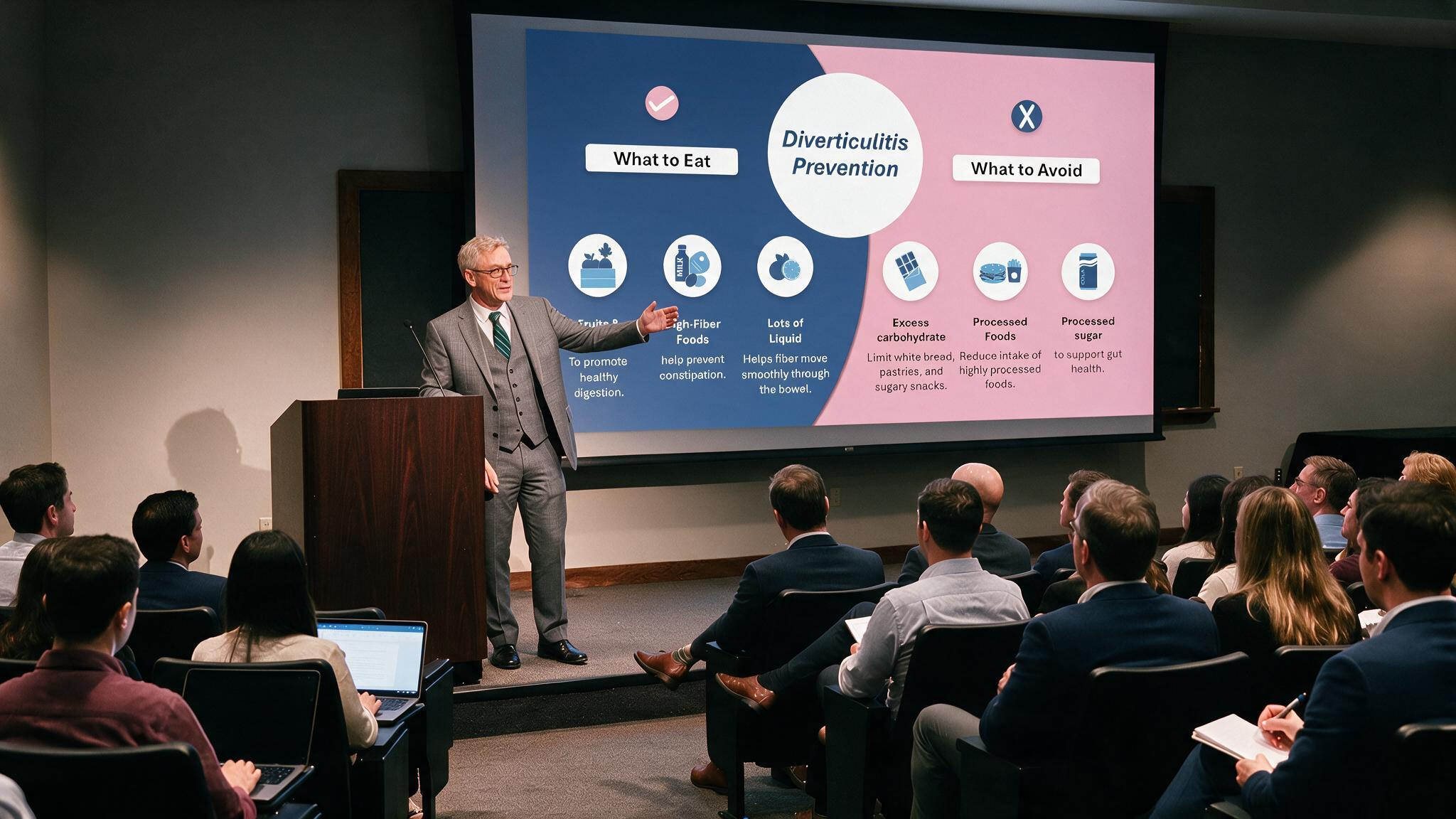 Diverticulitis prevention presentation displayed on a large conference screen explaining recommended foods and dietary habits to reduce disease risk.