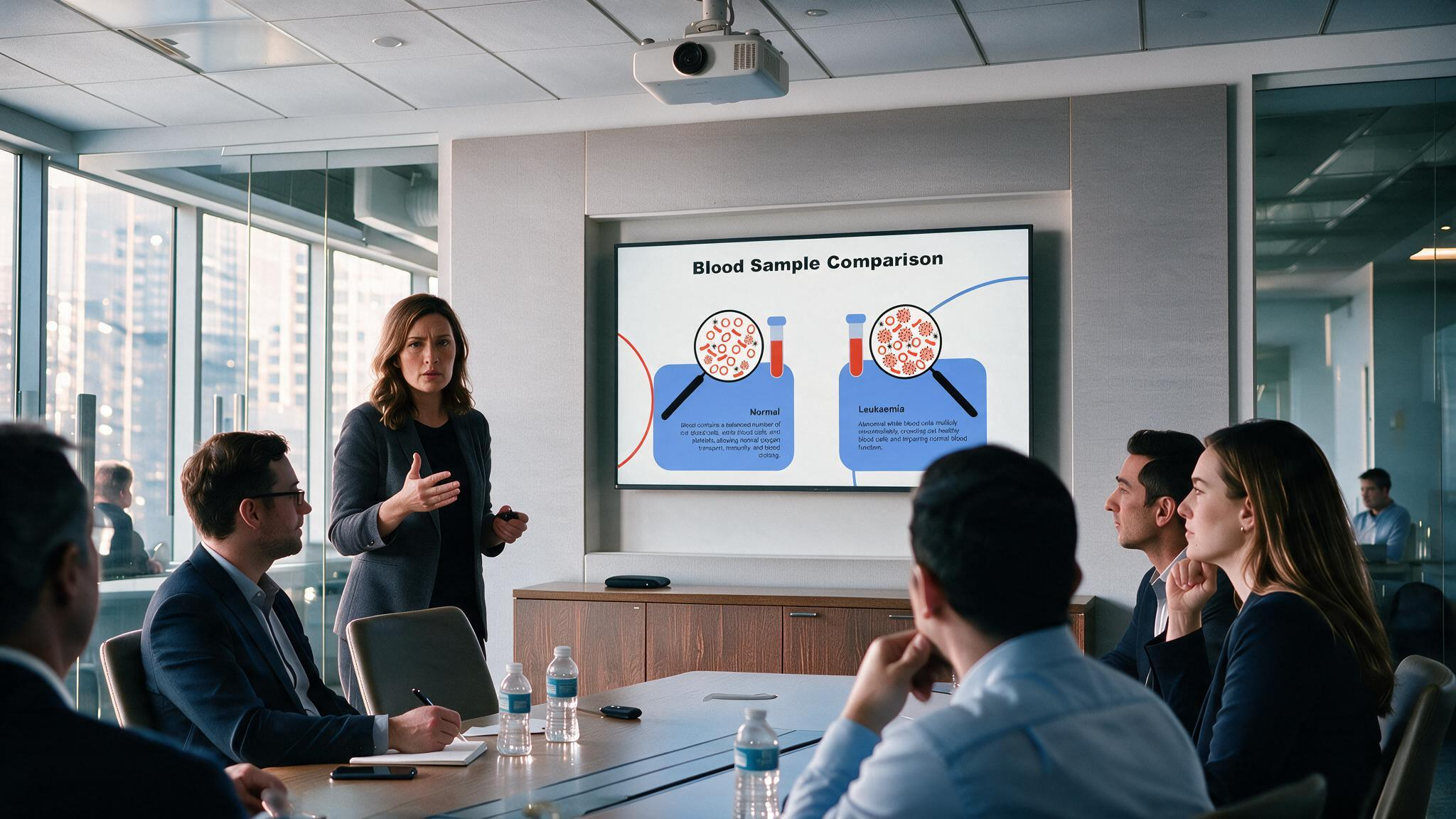 Leukemia presentation displayed during a medical meeting comparing normal and leukemia blood samples with illustrated blood cells to explain disease-related hematological changes.