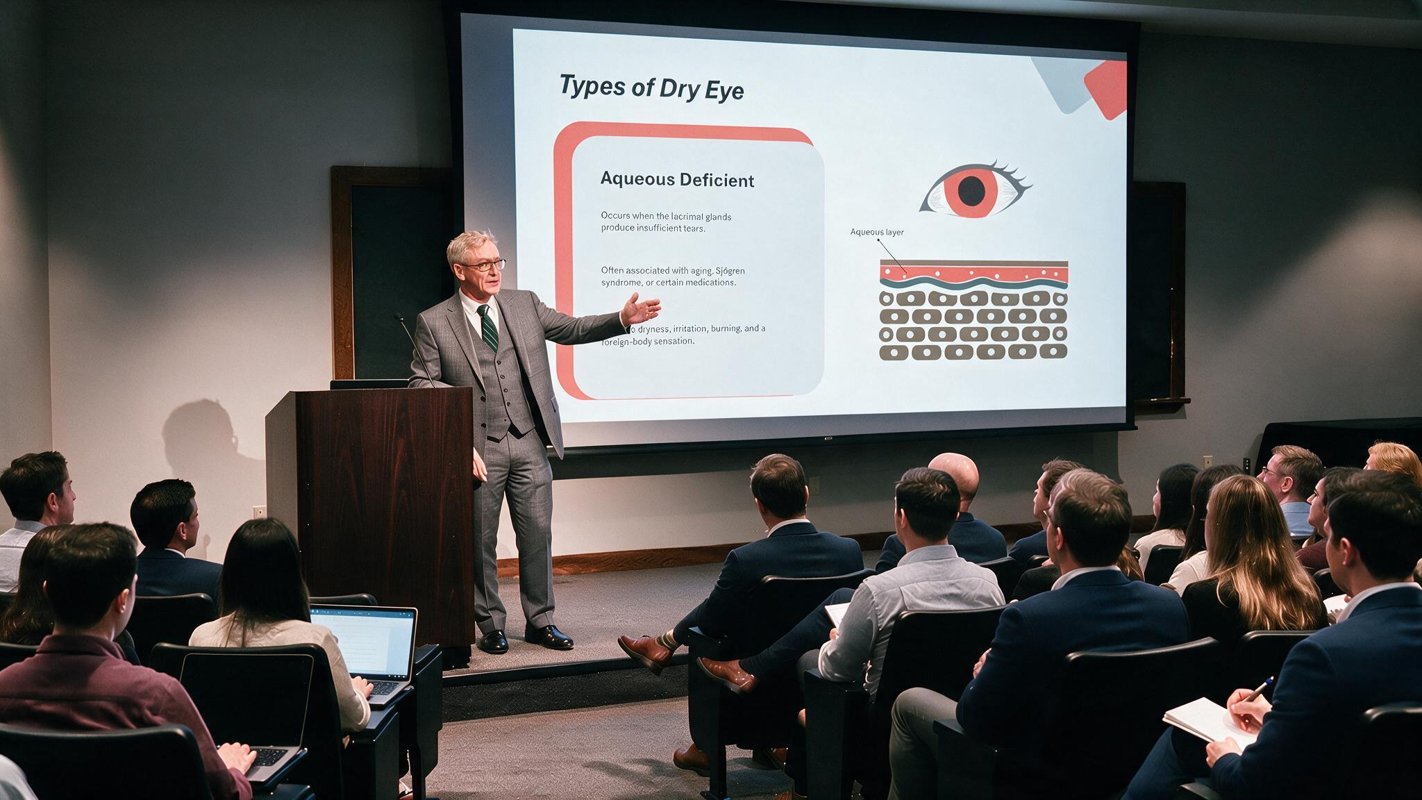 Dry eye types presentation displayed on a large conference screen explaining aqueous deficient dry eye with anatomical tear film illustration during an ophthalmology lecture.