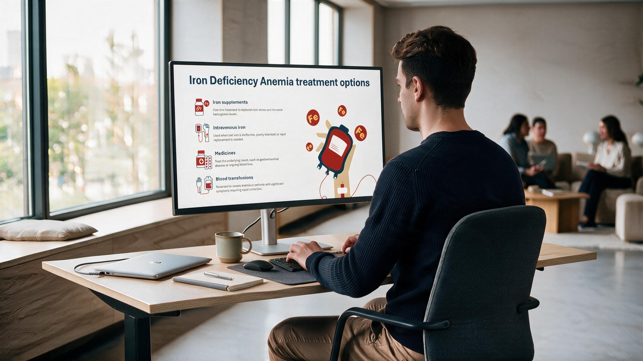 Iron deficiency anemia treatment presentation displayed on a desktop monitor illustrating iron supplements, intravenous iron therapy, medications, and blood transfusion options for clinical education.