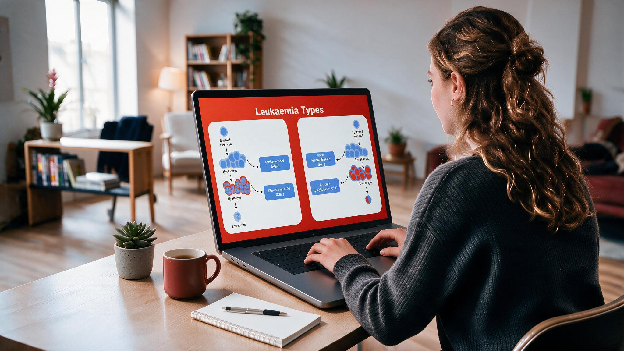 Leukemia types presentation displayed on a desktop monitor illustrating acute and chronic myeloid and lymphocytic leukemia classifications using educational medical diagrams.