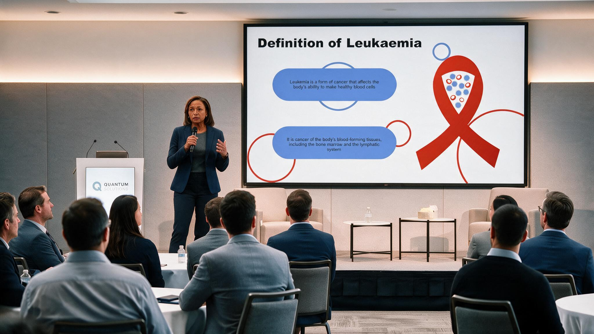 Leukemia overview presentation displayed on a large conference screen explaining the definition of leukemia with a leukemia awareness ribbon and concise overview of blood-forming tissue cancer.