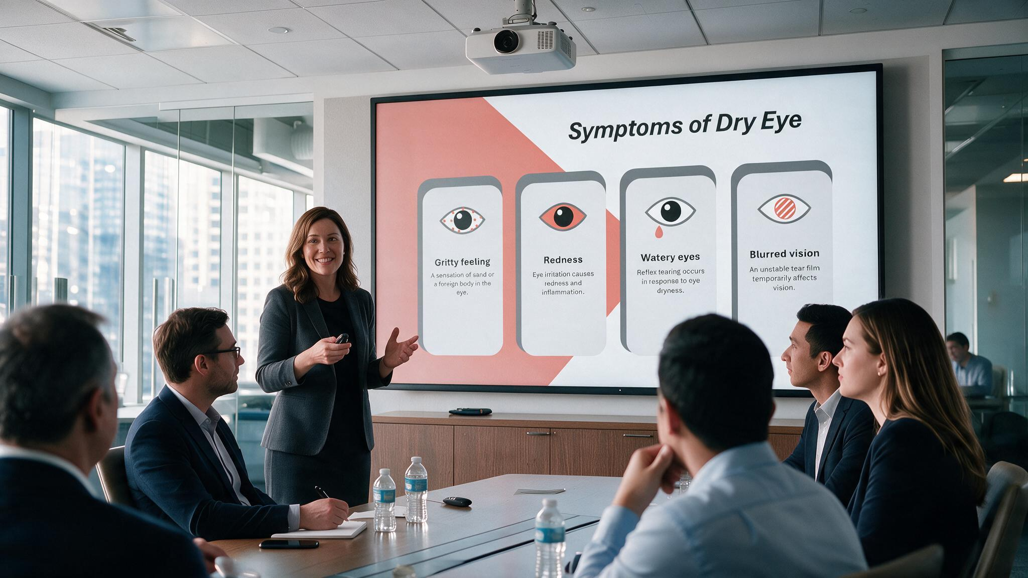 Dry eye symptoms presentation displayed during a clinical meeting illustrating redness, watery eyes, blurred vision, and gritty sensation using medical icons.