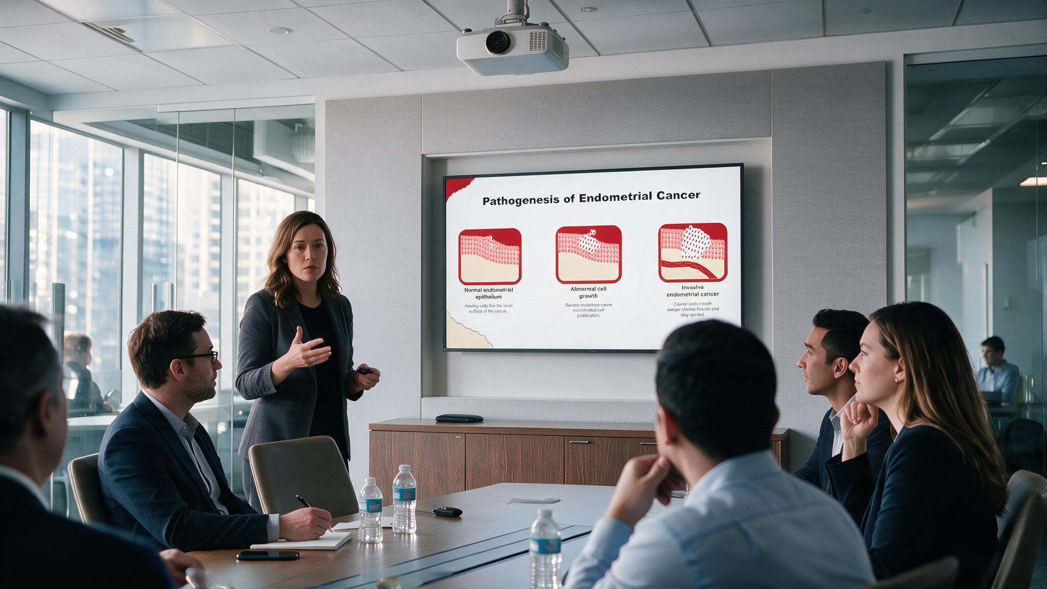 Endometrial cancer pathogenesis presentation displayed during a clinical meeting illustrating the progression from normal endometrium to invasive endometrial cancer with simplified medical diagrams.