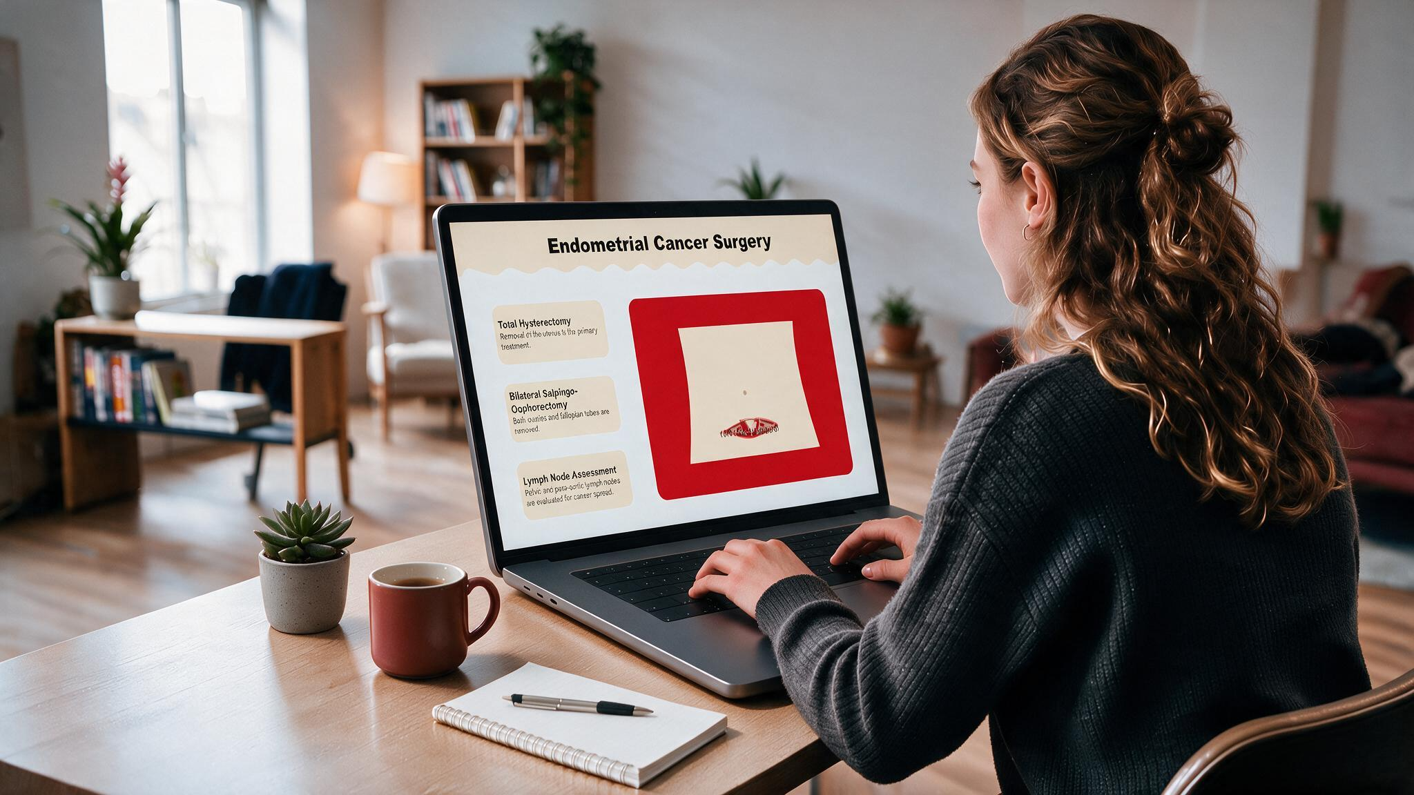 Endometrial cancer surgery presentation displayed on a laptop explaining hysterectomy, bilateral salpingo-oophorectomy, and lymph node assessment for medical education.