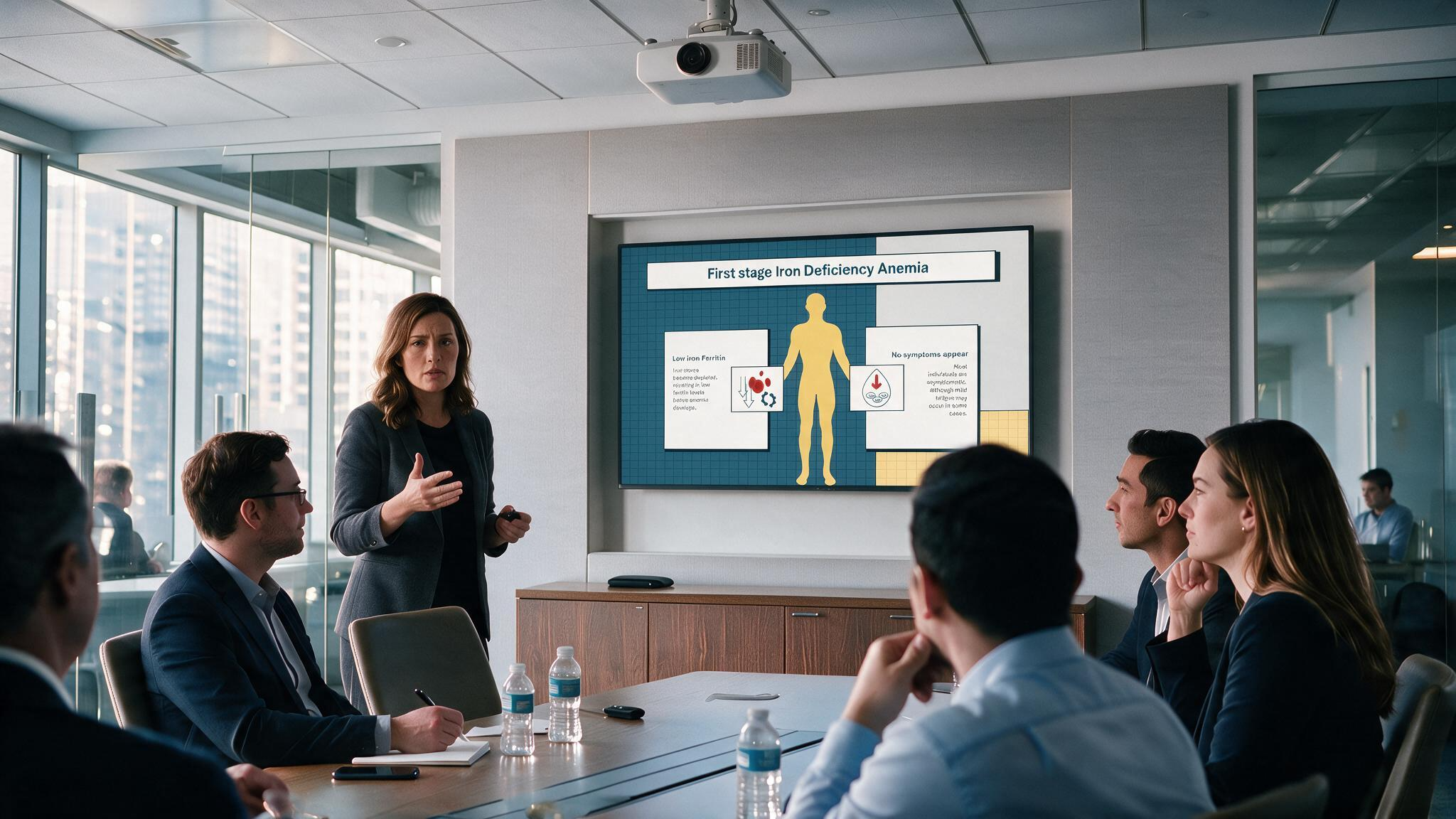 Iron deficiency anemia first stage presentation displayed during a medical meeting illustrating reduced ferritin levels, early physiological changes, and minimal symptoms using a simplified human body diagram.