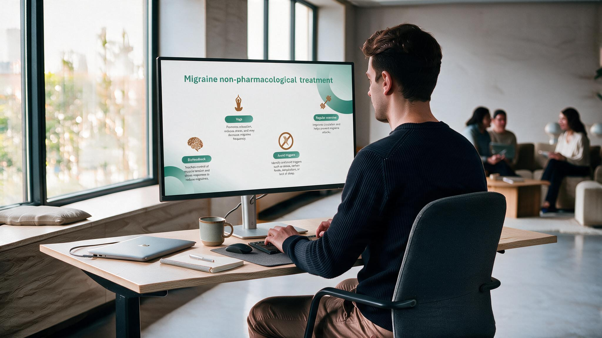 Migraine overview presentation displayed on a desktop monitor explaining non-pharmacological migraine treatment including yoga, biofeedback, exercise, and trigger avoidance.