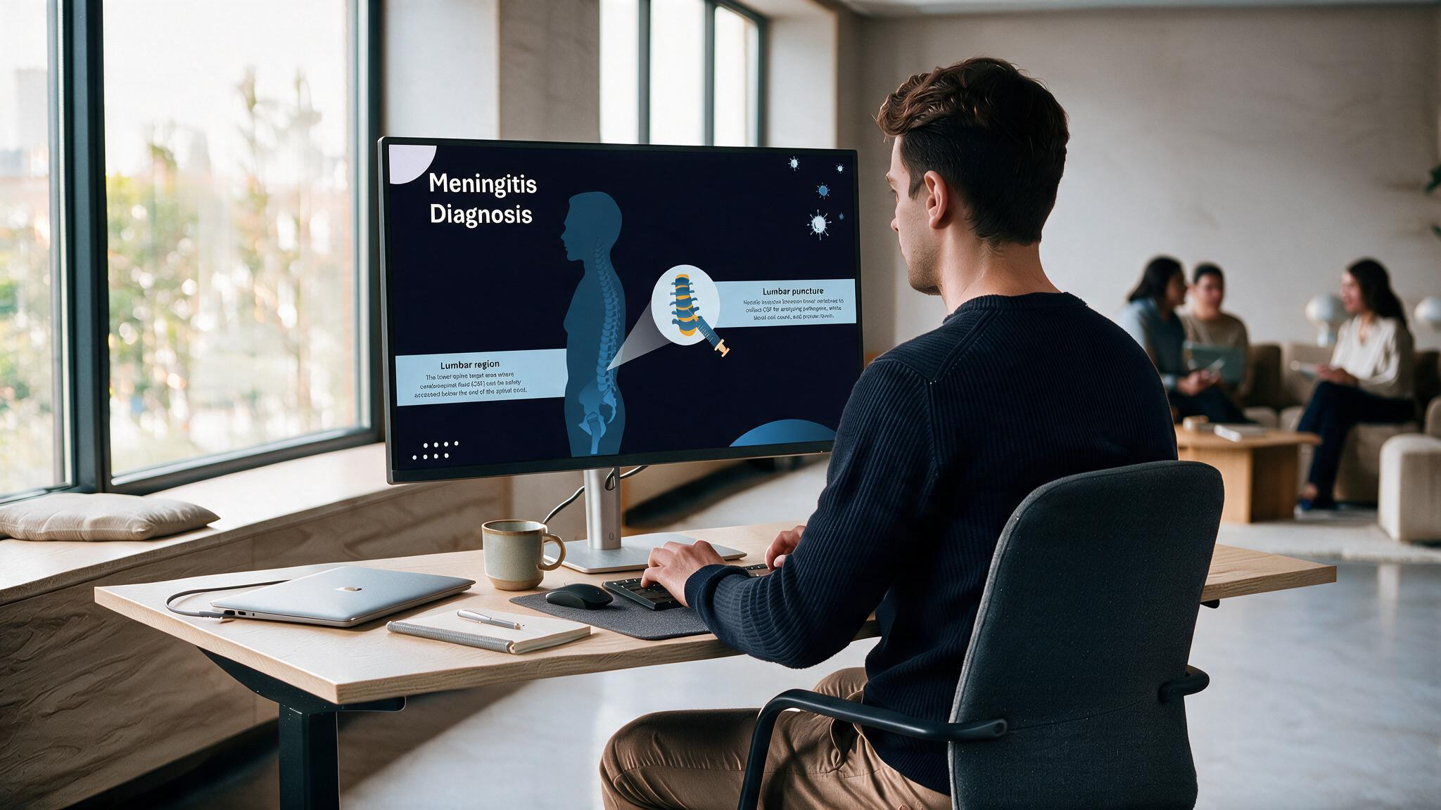 Meningitis diagnosis presentation displayed on a desktop monitor illustrating lumbar puncture and diagnostic evaluation with medical diagrams for healthcare education.