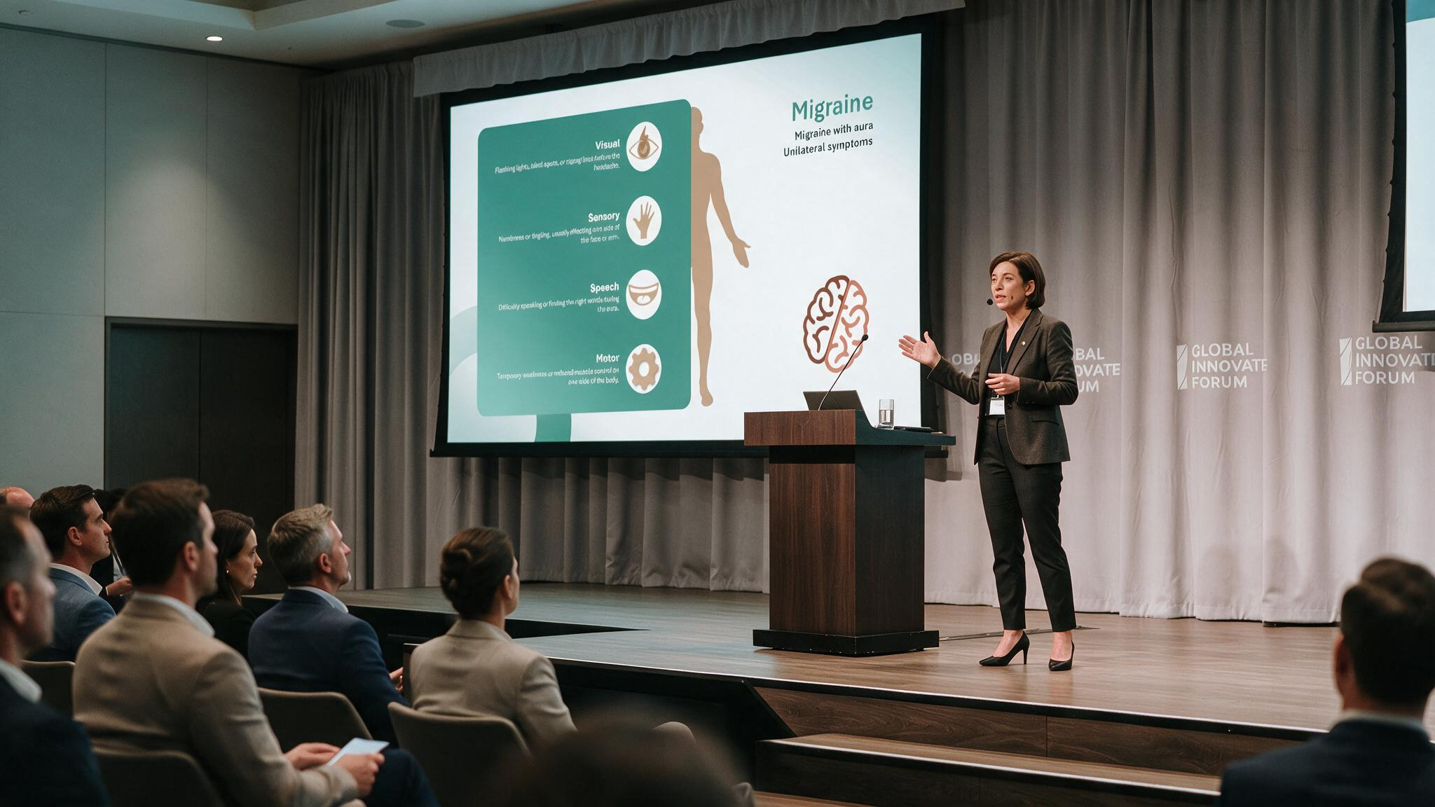 Migraine overview presentation displayed on a conference screen explaining migraine with aura, including visual, sensory, speech, and motor symptoms using medical illustrations.