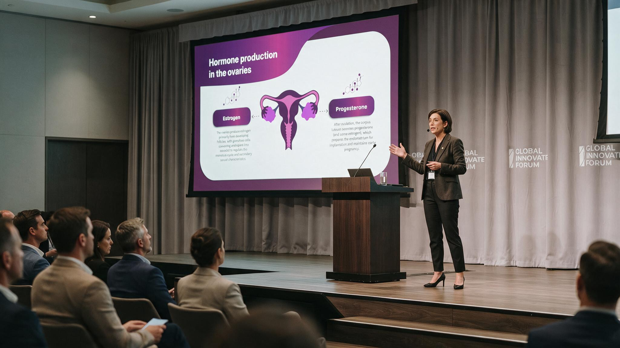 Menopause overview presentation displayed on a conference screen explaining estrogen and progesterone production in the ovaries using anatomical illustrations for healthcare education.
