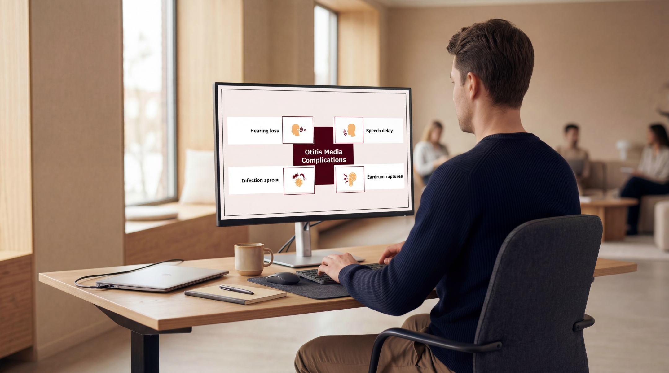 Healthcare learner reviewing otitis media complications using an editable Otitis Media Overview PowerPoint Template on a desktop computer.