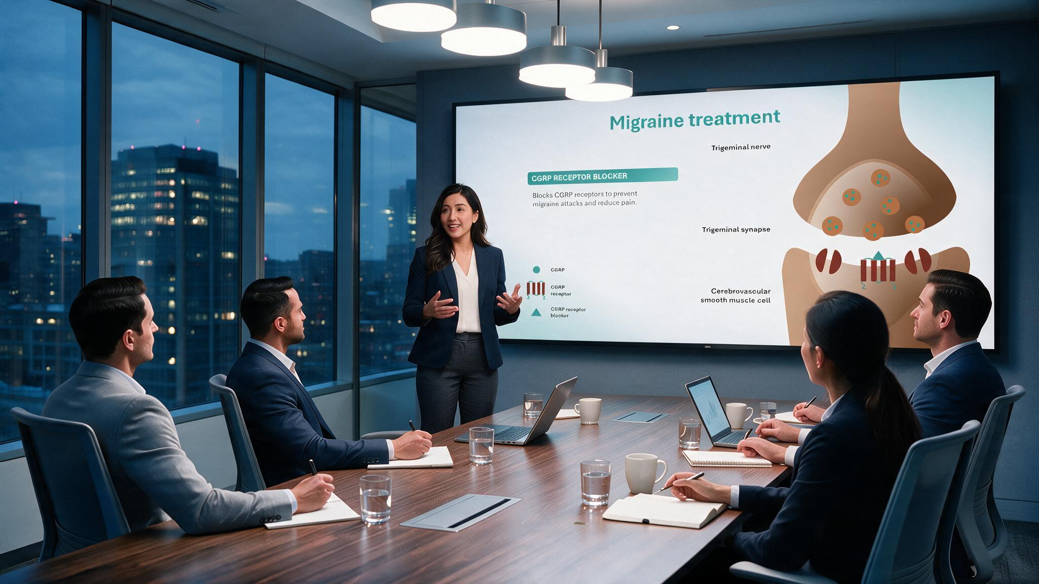 Migraine overview presentation displayed during a medical meeting illustrating CGRP receptor blocker therapy and trigeminal nerve mechanisms for migraine treatment.