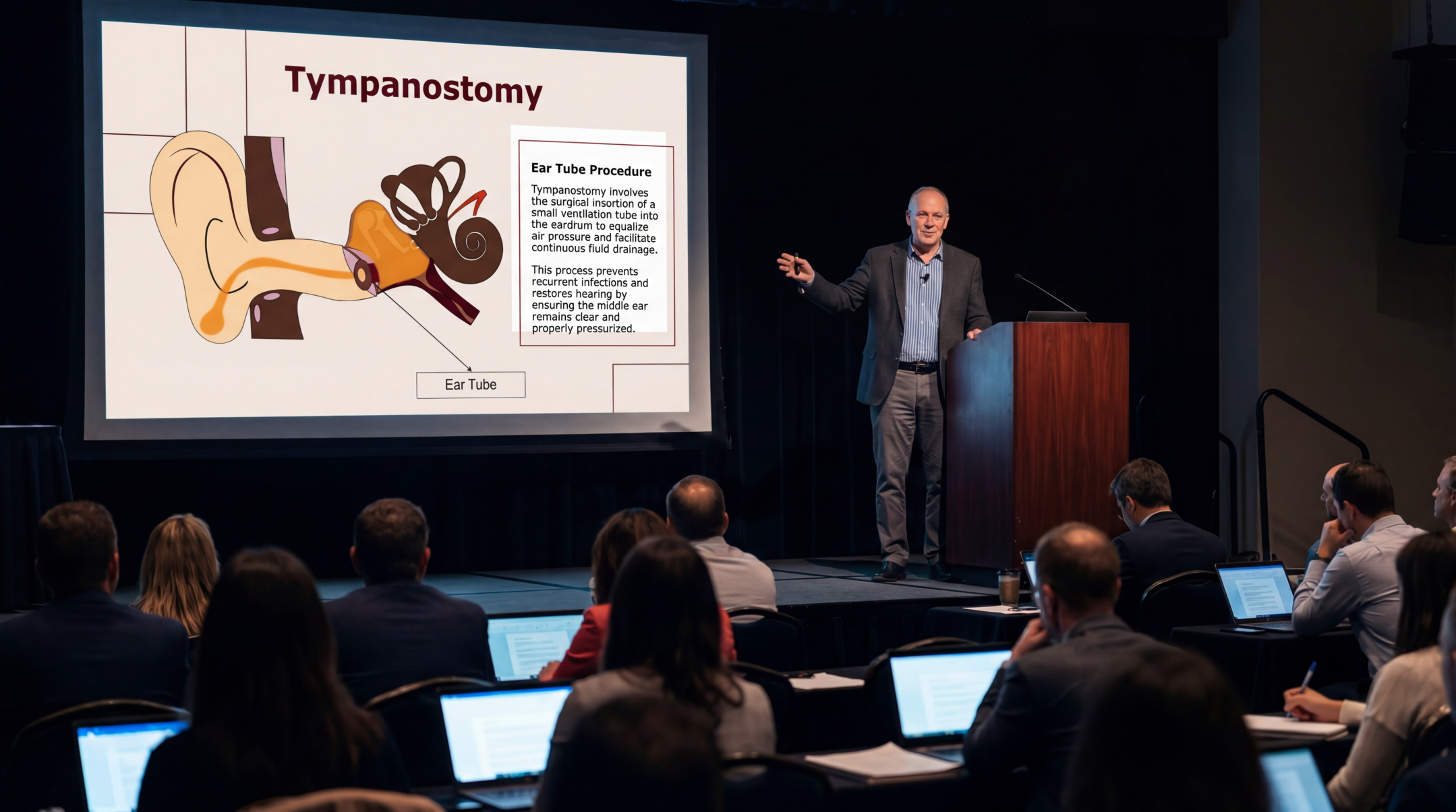Medical presenter explaining tympanostomy and ear tube placement using an editable Otitis Media Overview PowerPoint Template during a healthcare conference.