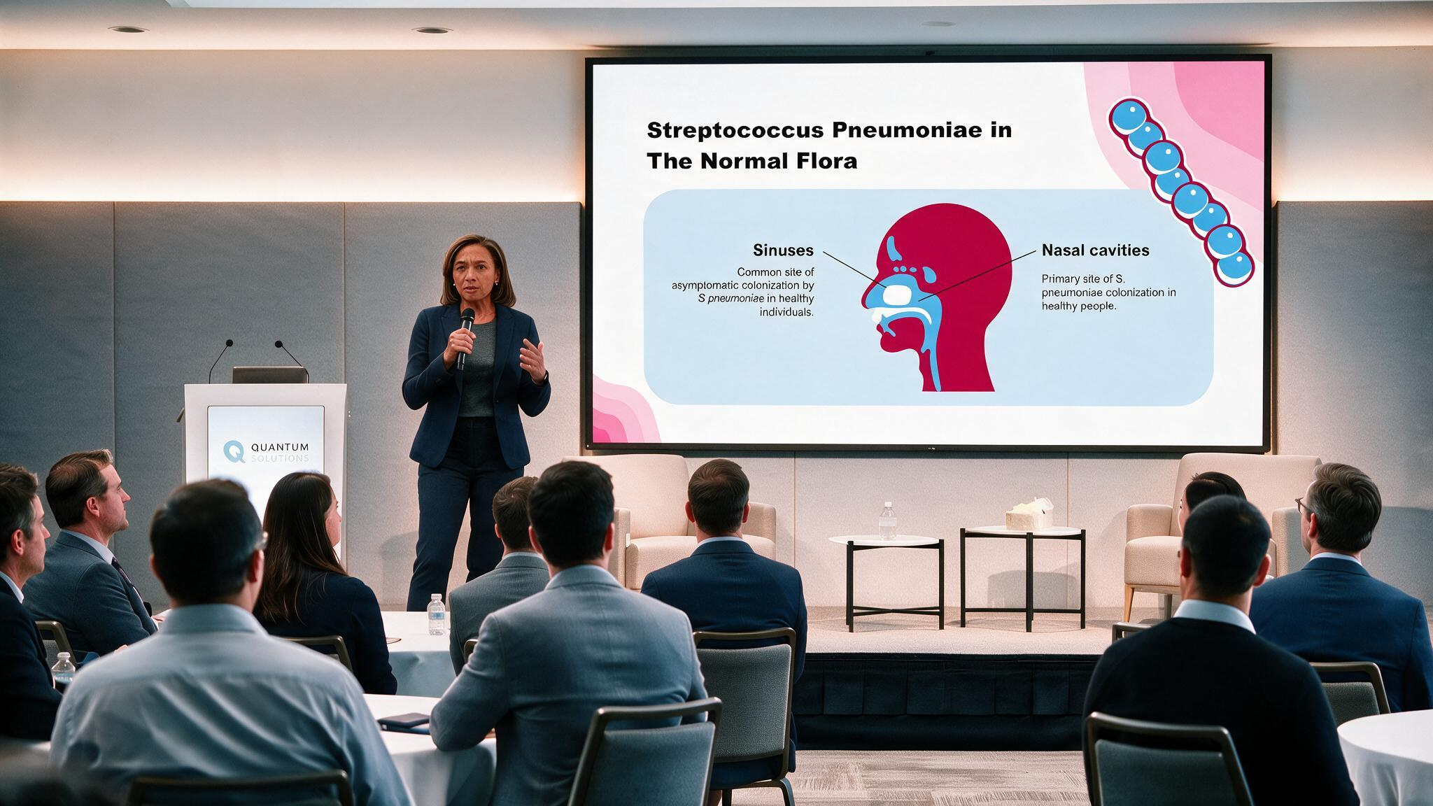 Overview of Bacteriology PowerPoint presentation displayed on a conference screen explaining Streptococcus pneumoniae colonization in the normal flora with labeled upper respiratory tract anatomy.