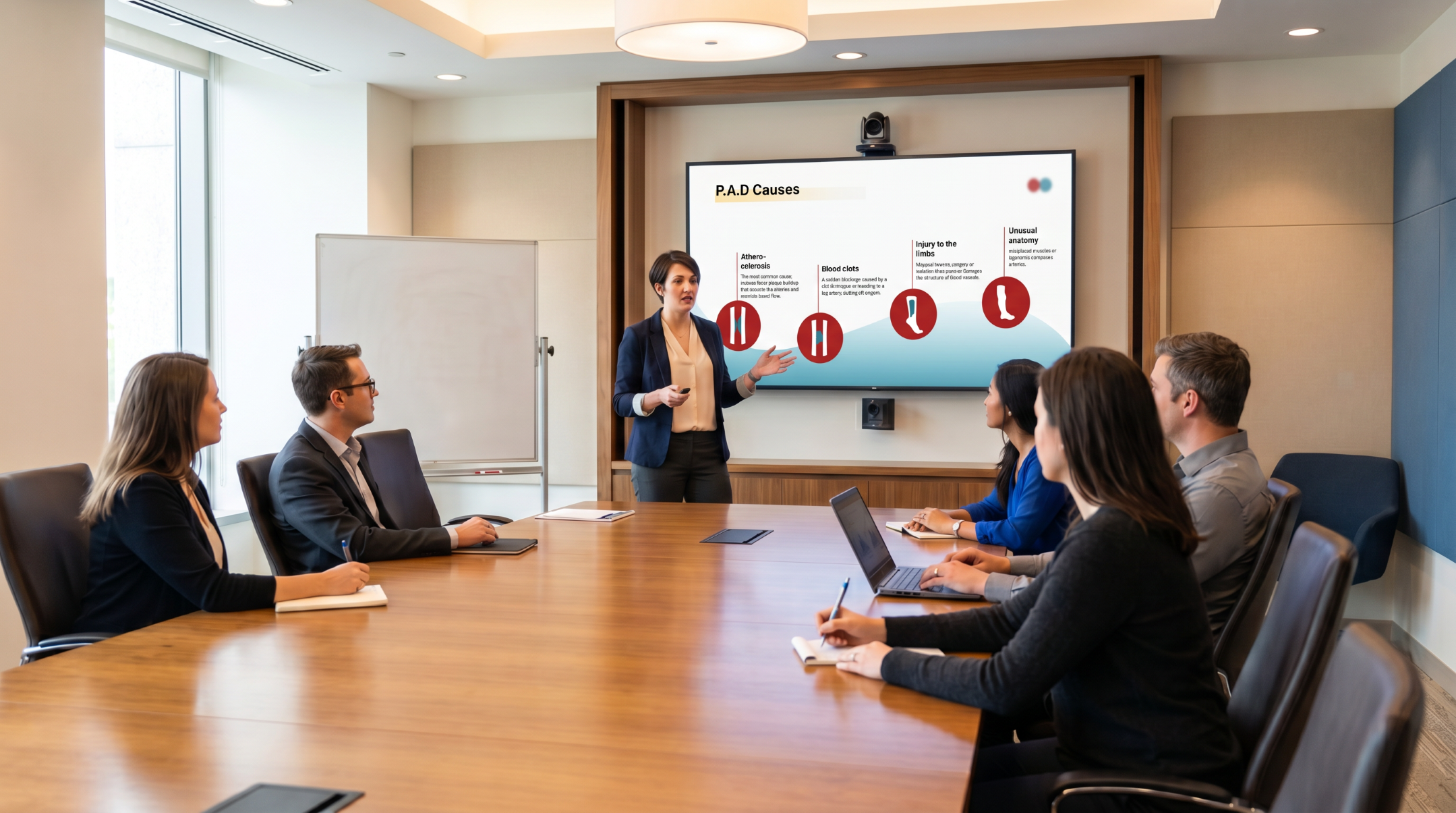 Healthcare professional presenting the causes of peripheral arterial disease using an editable Peripheral Arterial Disease PowerPoint Template during a clinical meeting.
