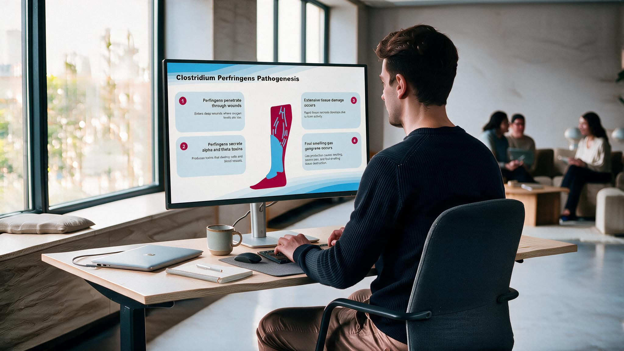 Overview of Bacteriology PowerPoint presentation displayed on a desktop monitor explaining Clostridium perfringens pathogenesis, toxin production, tissue damage, and gas gangrene development.