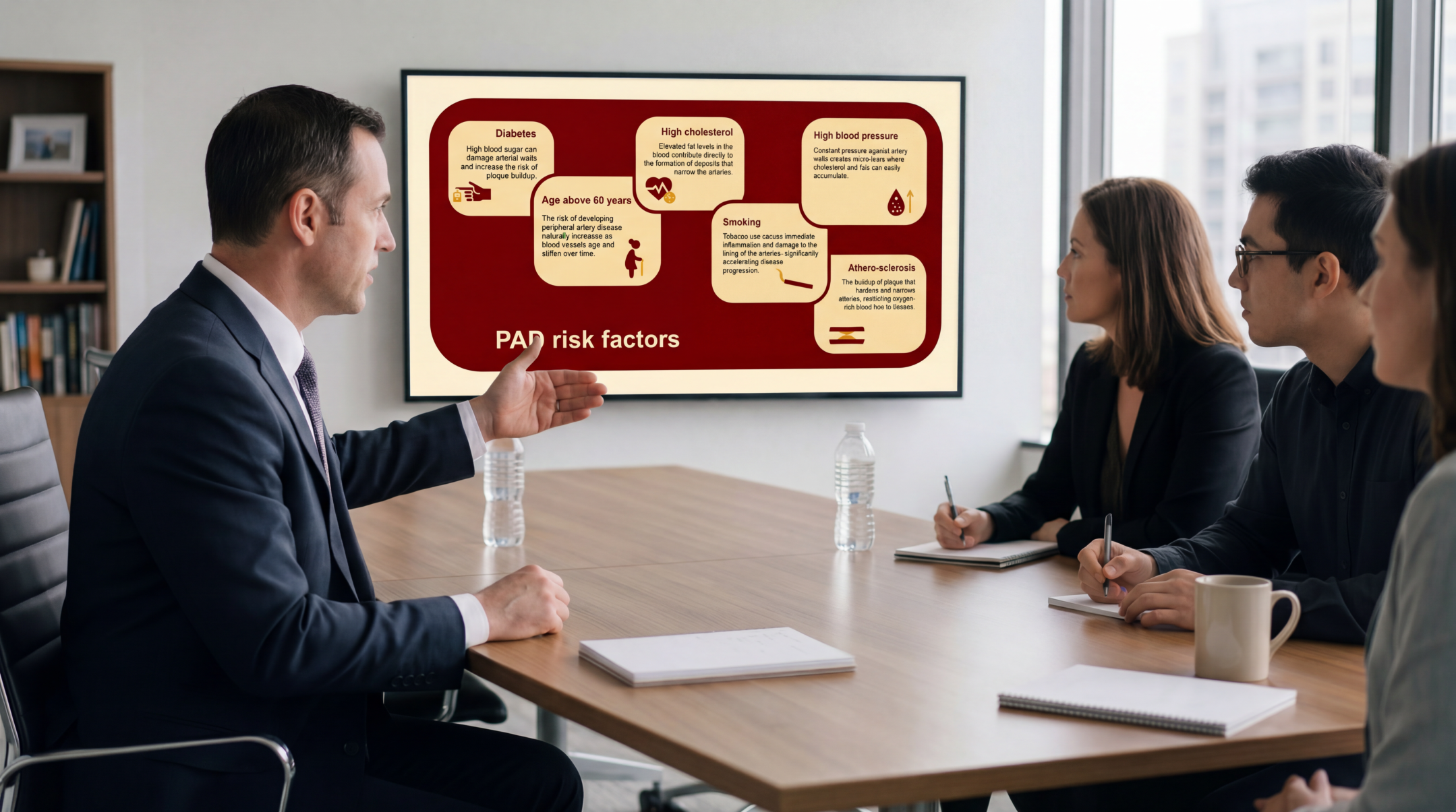 Healthcare professional presenting peripheral arterial disease risk factors using an editable Peripheral Arterial Disease Overview Presentation Template during a clinical meeting.